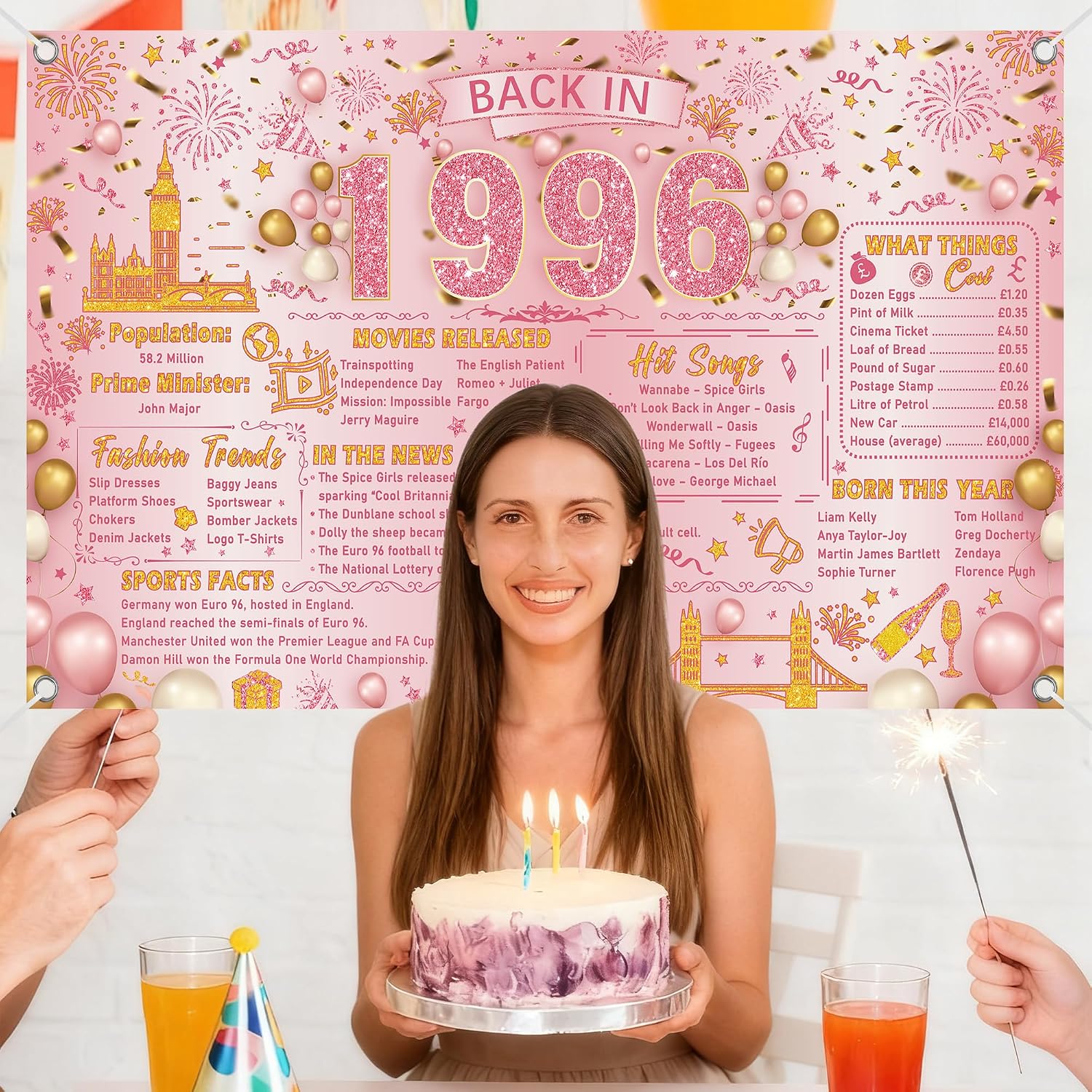 Thumbnail 4 de 30th Birthday Decorations for Women: Pink Gold Retro 1996 Backdrop Banner