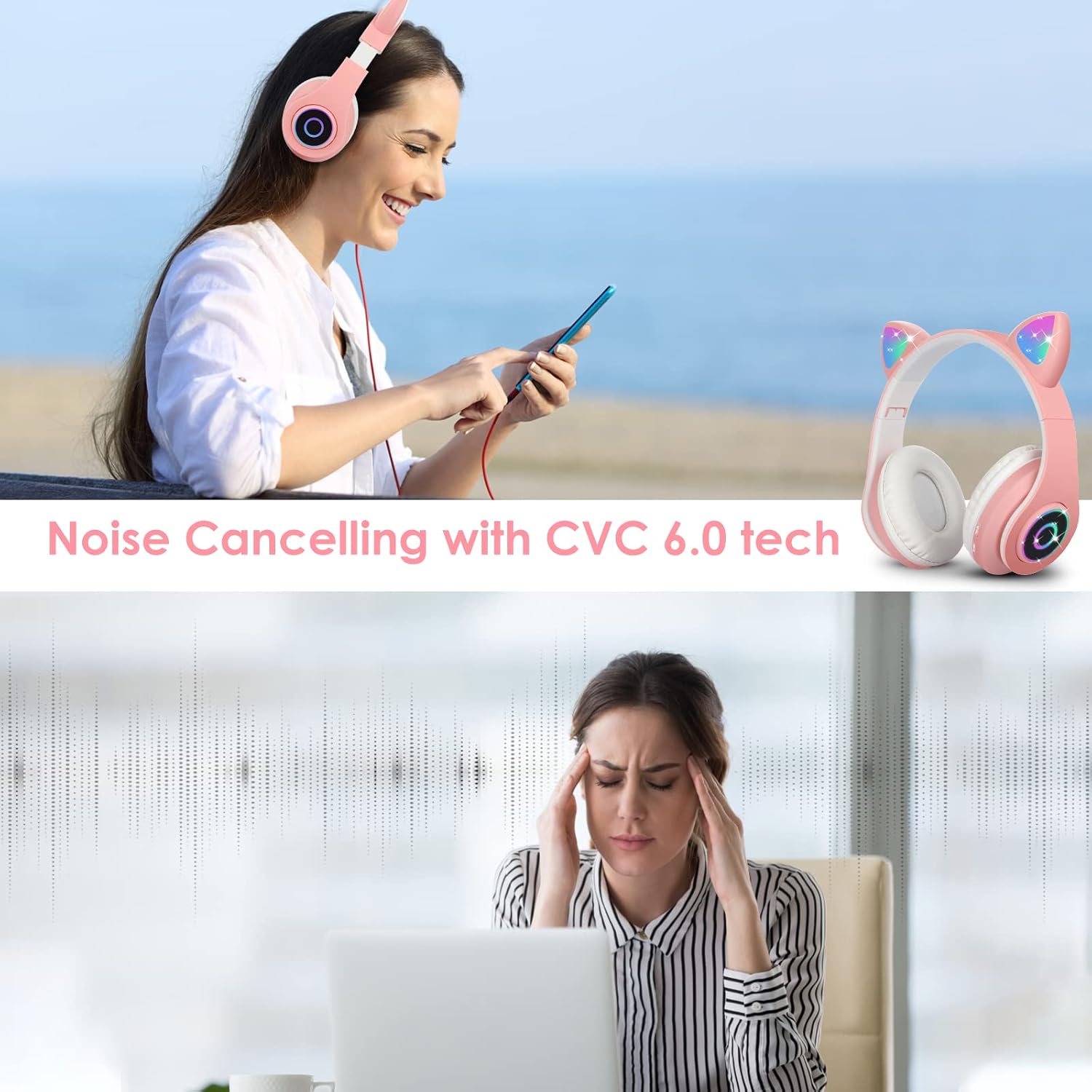 Detalle 2 de Sendowtek Wireless Headphones Cute Cat Ear Bluetooth