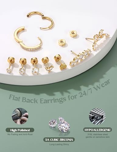 Thumbnail 2 de ADRAMATA Flat Back Stud Earrings for Women – Hypoallergenic 316L Steel with 18K Gold Plating (Hoop & Stud Set)