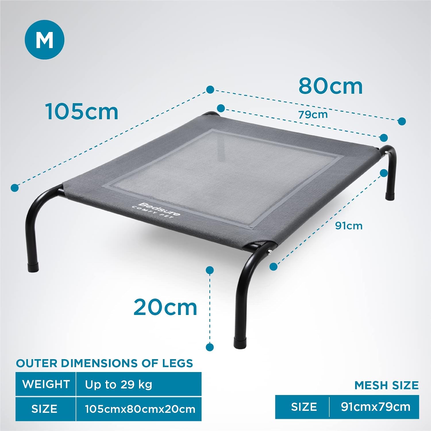 Detalle de Bedsure Hundeliege Outdoor – erhöhtes Hundebett für mittelgroße Hunde, 105 × 80 cm, 20 cm Höhe, grau