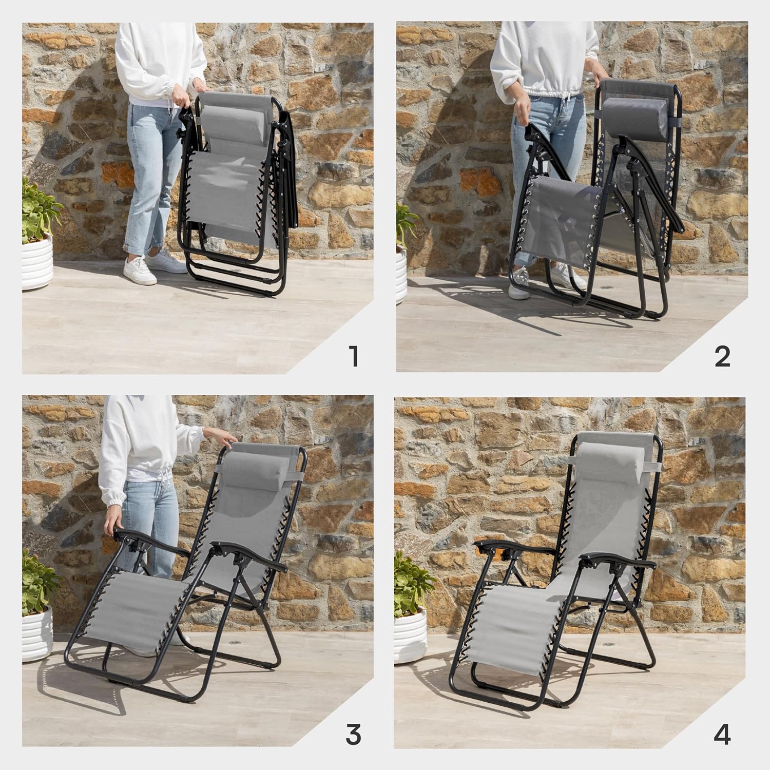 Detalle de Baroni Home Sedia Sdraio Zero Gravity pieghevole da esterno 165x65x93 cm grigio
