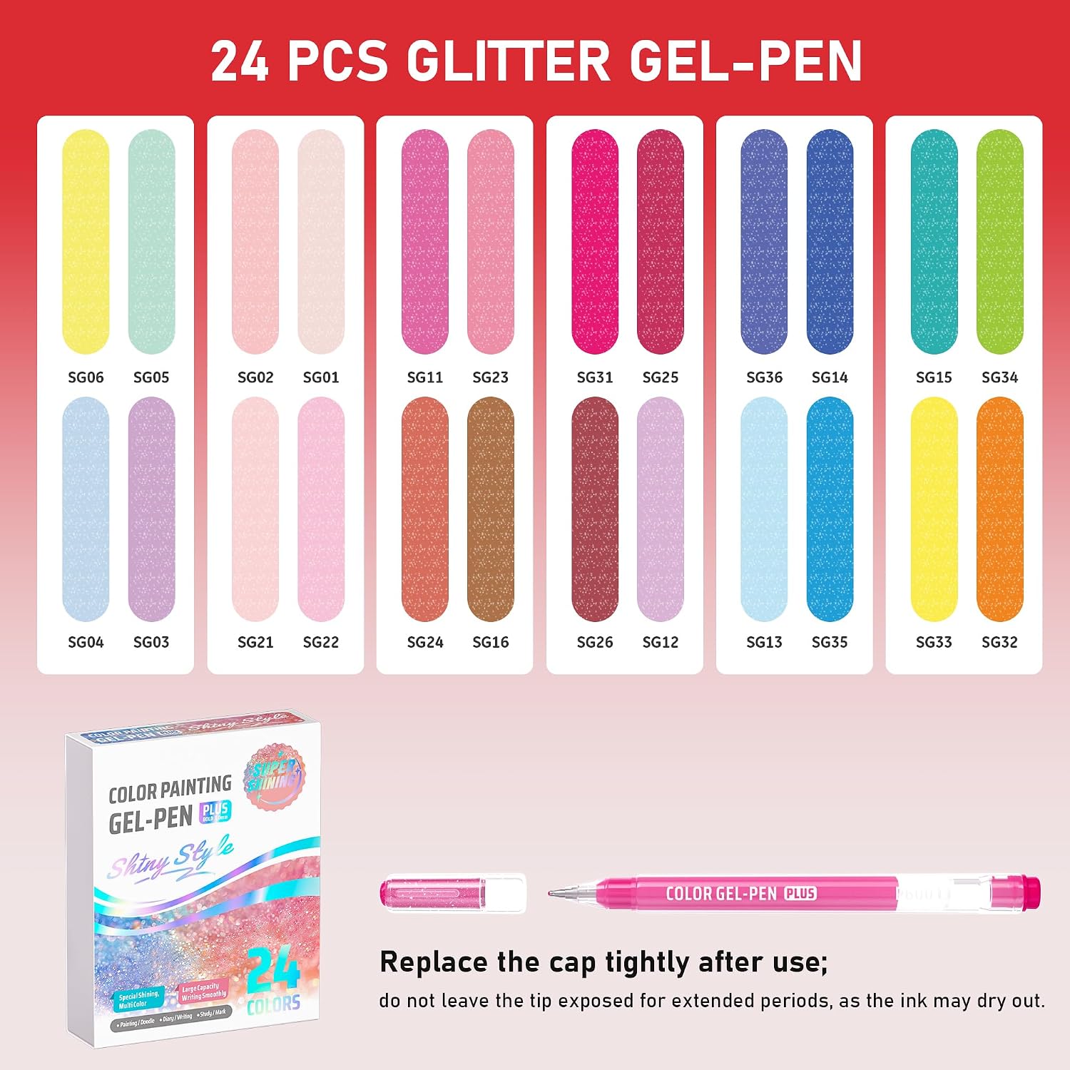 Detalle 2 de Sonlaryin acrylstiften met glitter, harde punt van 1 mm en 24 kleuren
