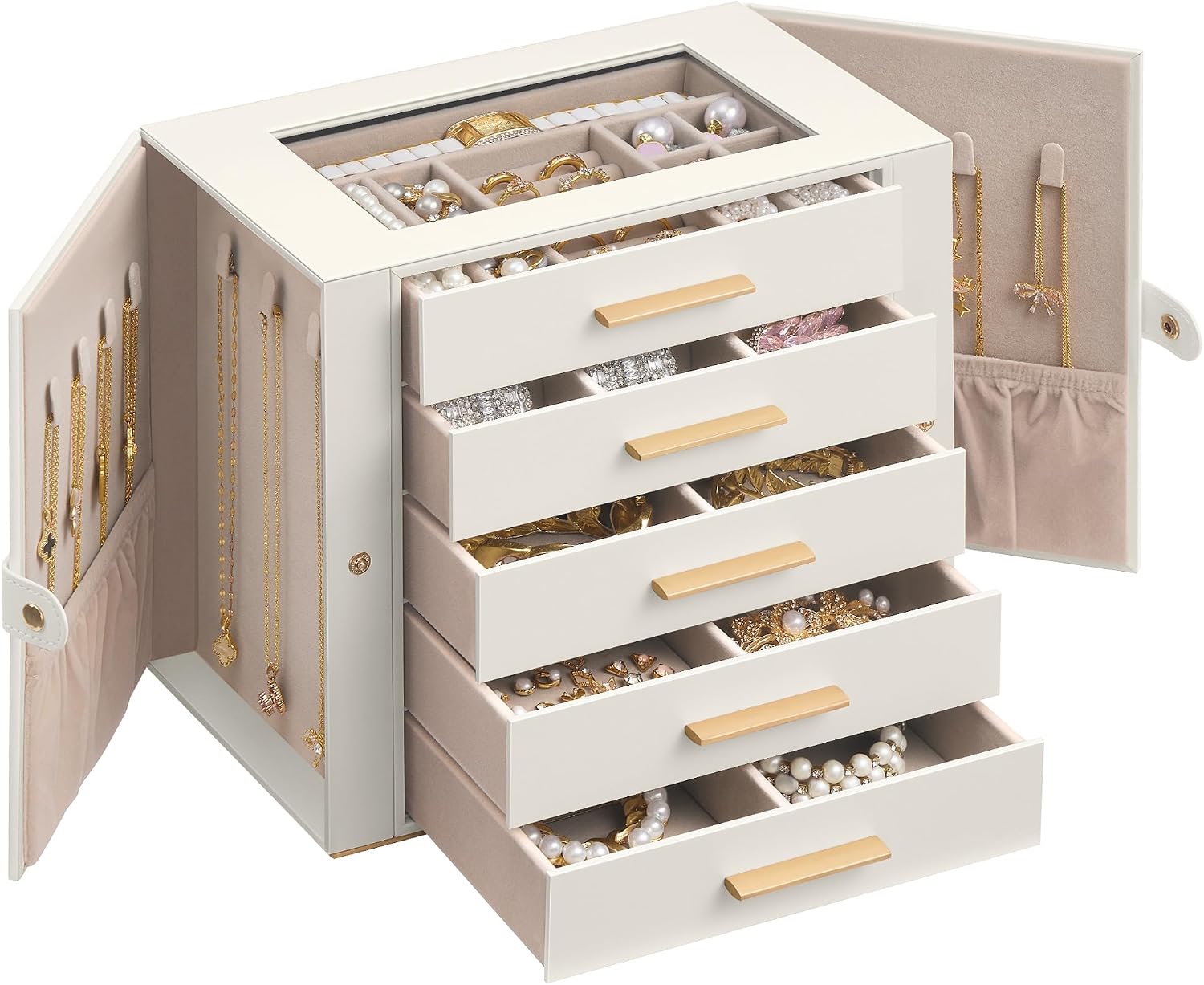 Thumbnail 6 de SONGMICS Jewellery Box 5 Layers Lockable Organiser with Mirror, Cream White (JBC153WD03)