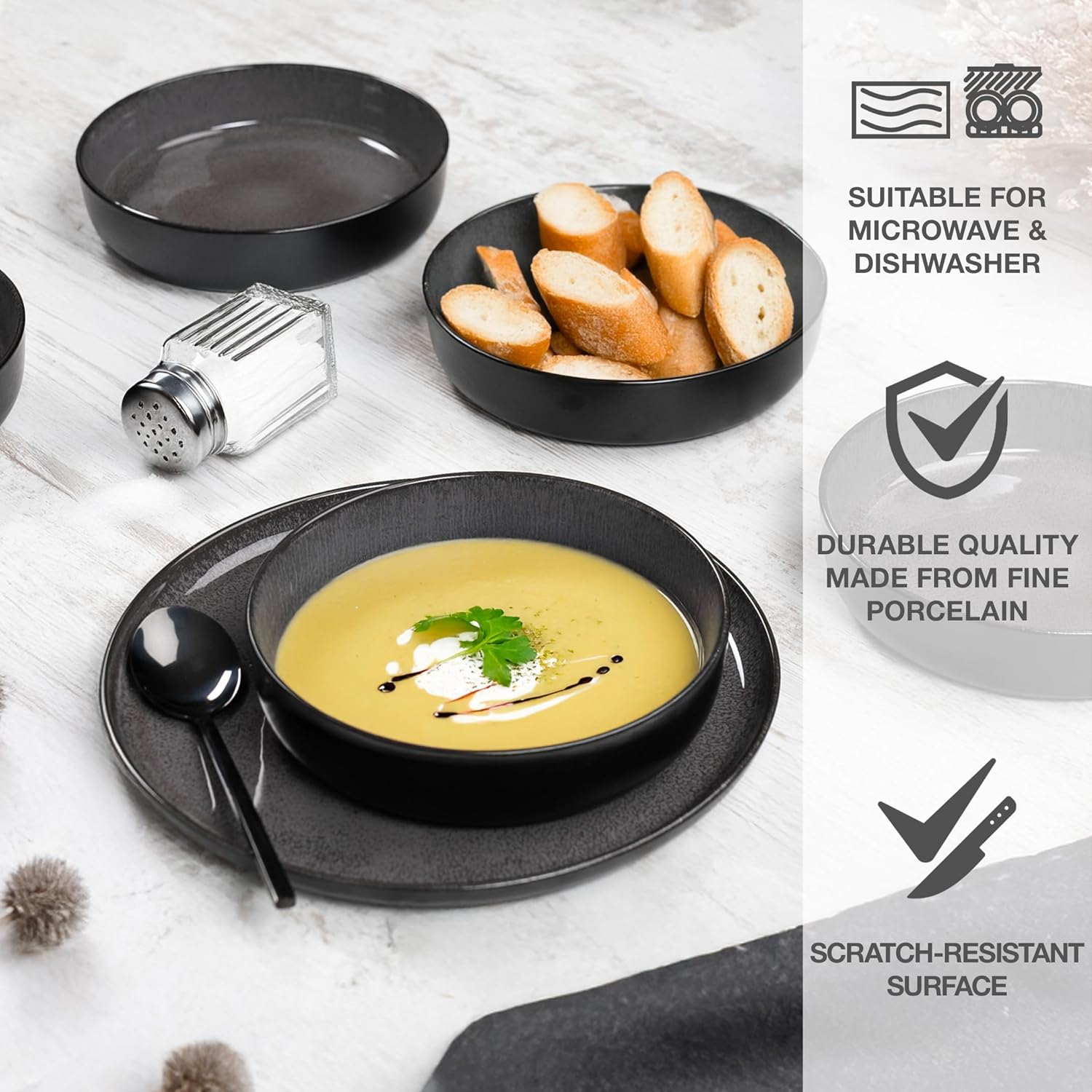 Detalle de Moritz & Moritz VIDA 18-Piece Anthracite Porcelain Dinner Set for 6