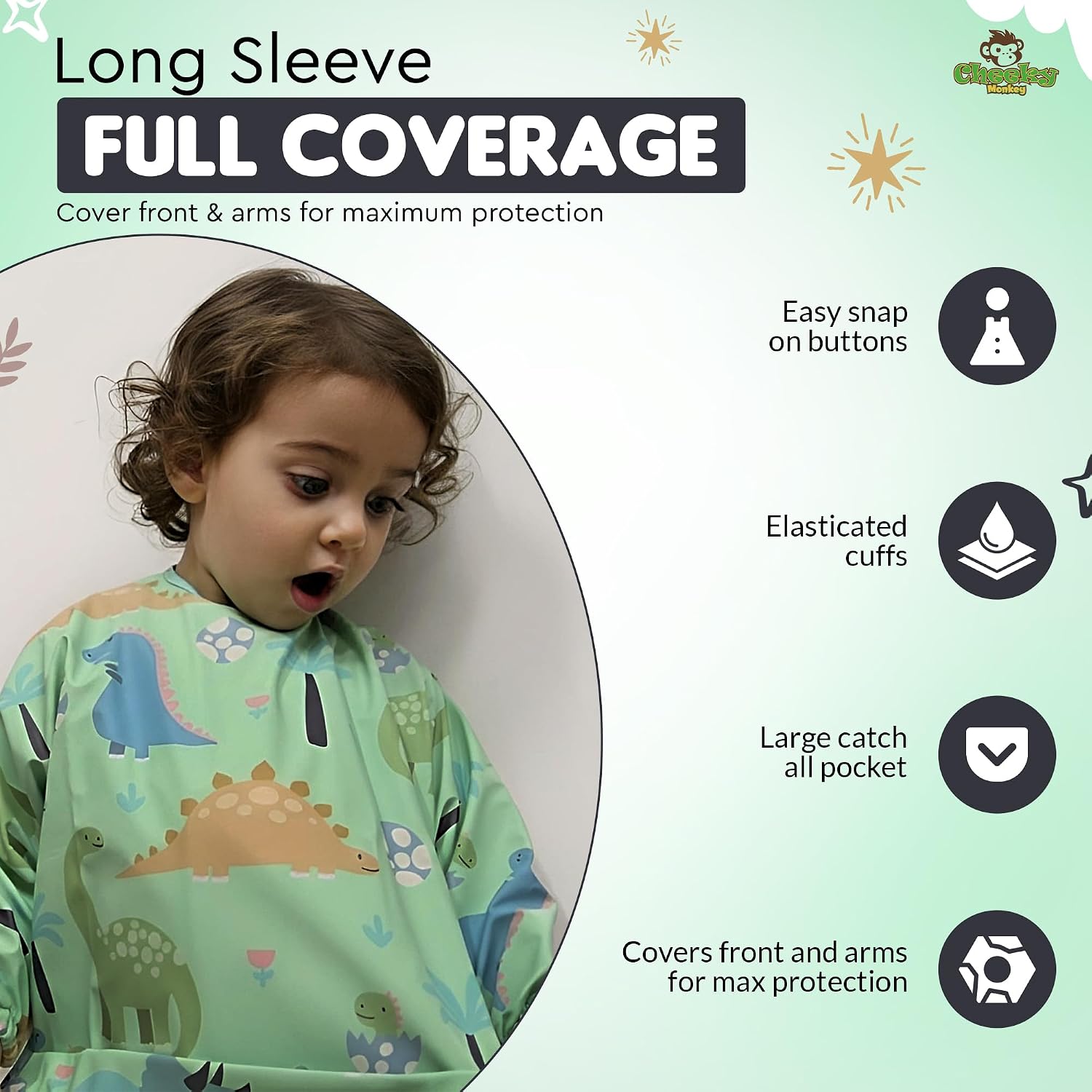 Thumbnail 1 de Cheeky Monkey Waterproof Long Sleeve Bibs with Sleeves (6–24 Months) for Weaning