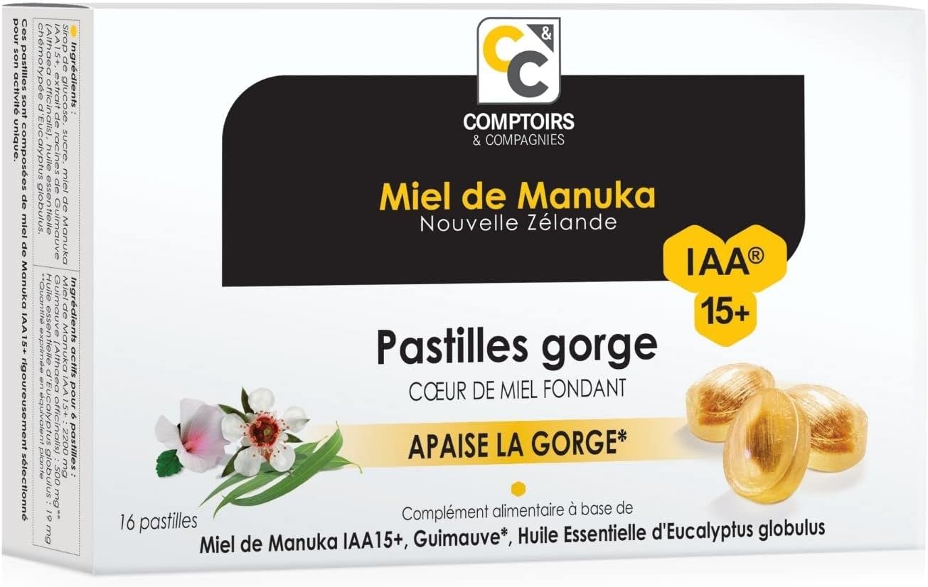 Detalle de Pastilles Coeur Fondant au Miel de Manuka IAA15+ de Comptoirs et Compagnies – 16 pastilles
