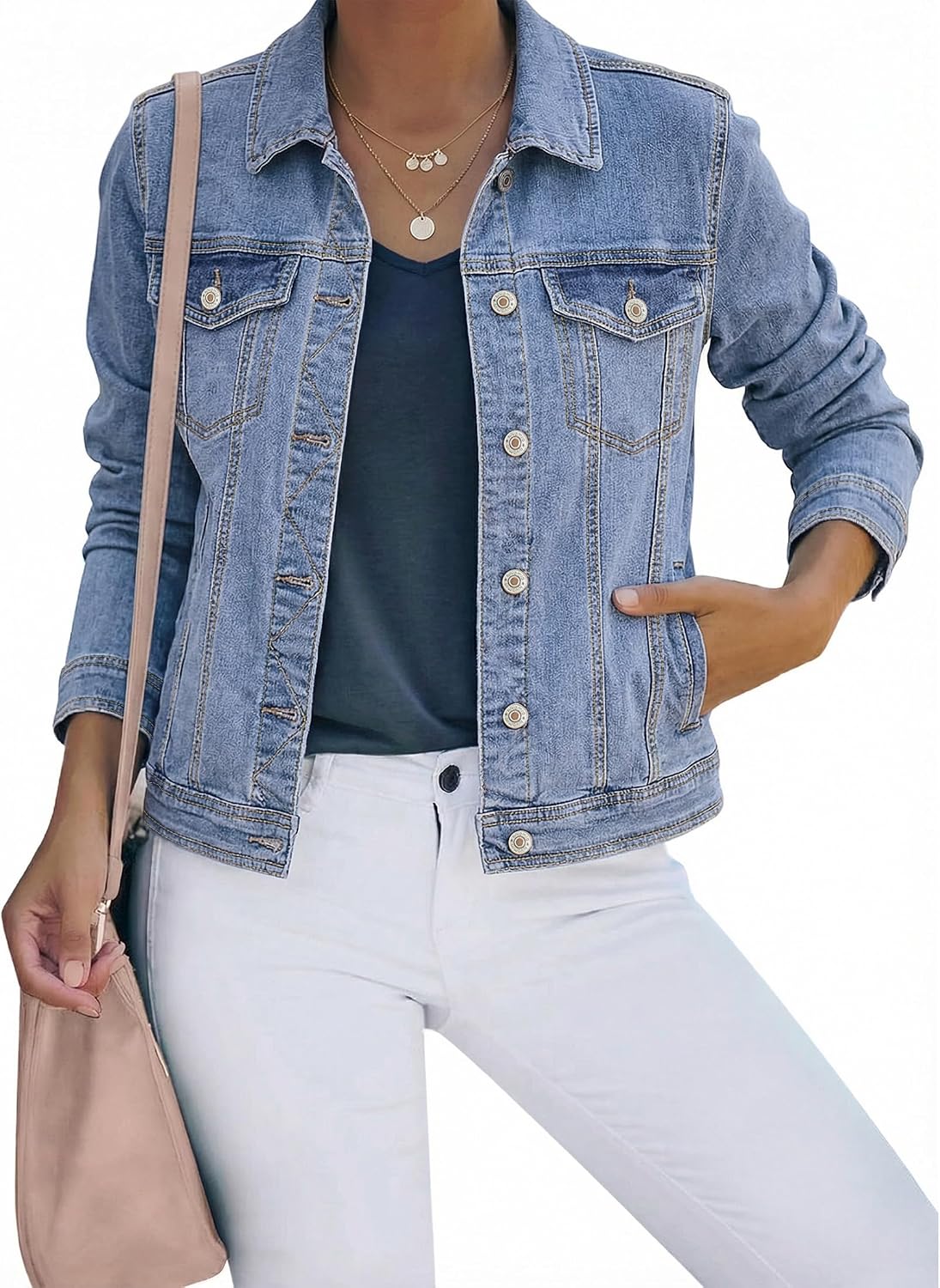 Detalle de luvamia Women's Basic Button Down Stretch Fitted Long Sleeves Denim Jean Jacket