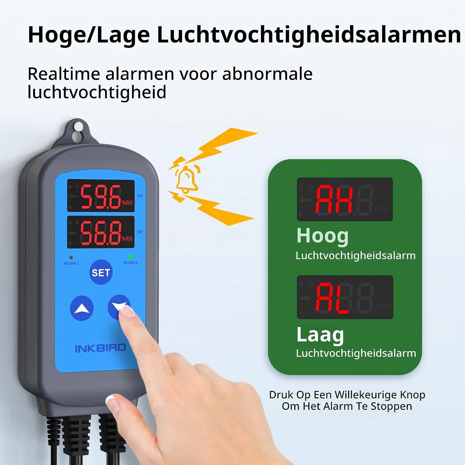 Detalle de Inkbird IHC-200 vochtigheidsregelaar met dubbele relais en LED-display