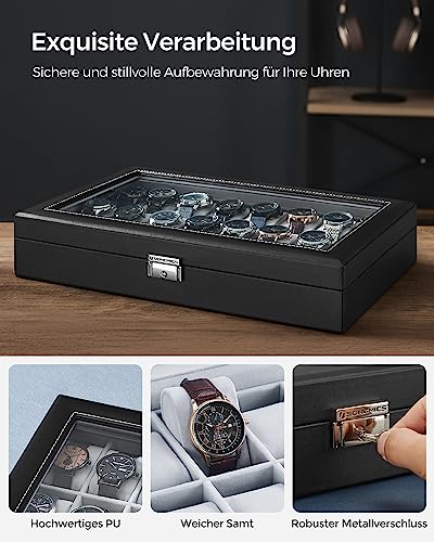 Detalle de SONGMICS JWB024 Uhrenbox: 24 Fächer, Glasdeckel, PU-Schwarz, Samtfutter-Grau