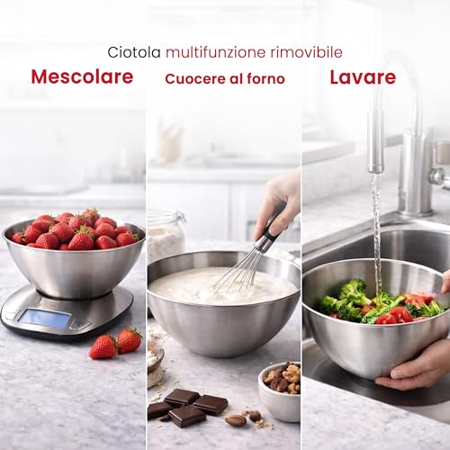 Detalle de Boston Tech Bilancia Cucina Digitale con Ciotola Rimovibile in Acciaio Inox, 5 kg/1 g