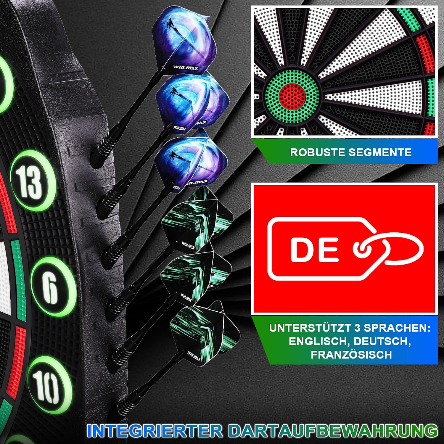 Thumbnail 5 de WIN.MAX Elektronische Dartscheibe Profi Set – 34 Games mit 354 Varianten, 3 Sprachen (DE/EN/FR) und Platz für 12 Darts