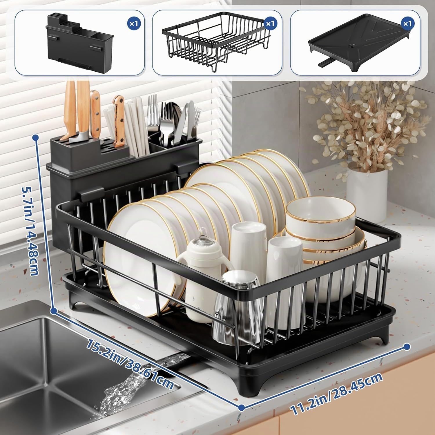 Detalle de PurKeep Égouttoir À Vaisselle Compact avec Porte-Ustensiles – Efficacité et organisation sur le plan de travail