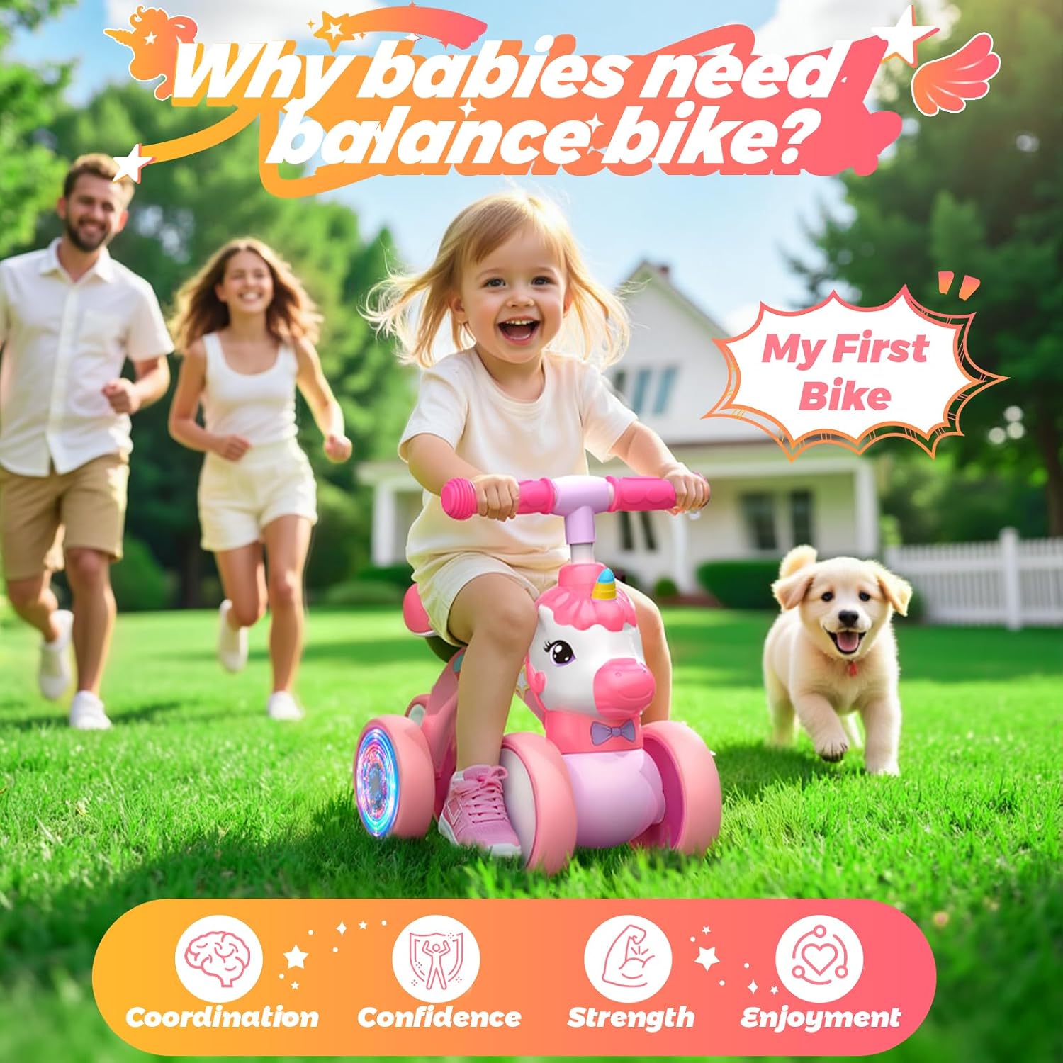 Detalle de Dromlag Unicorn Balance Bike 1–2 Years: 2 Wheels, Lighting Ride-On for Toddlers