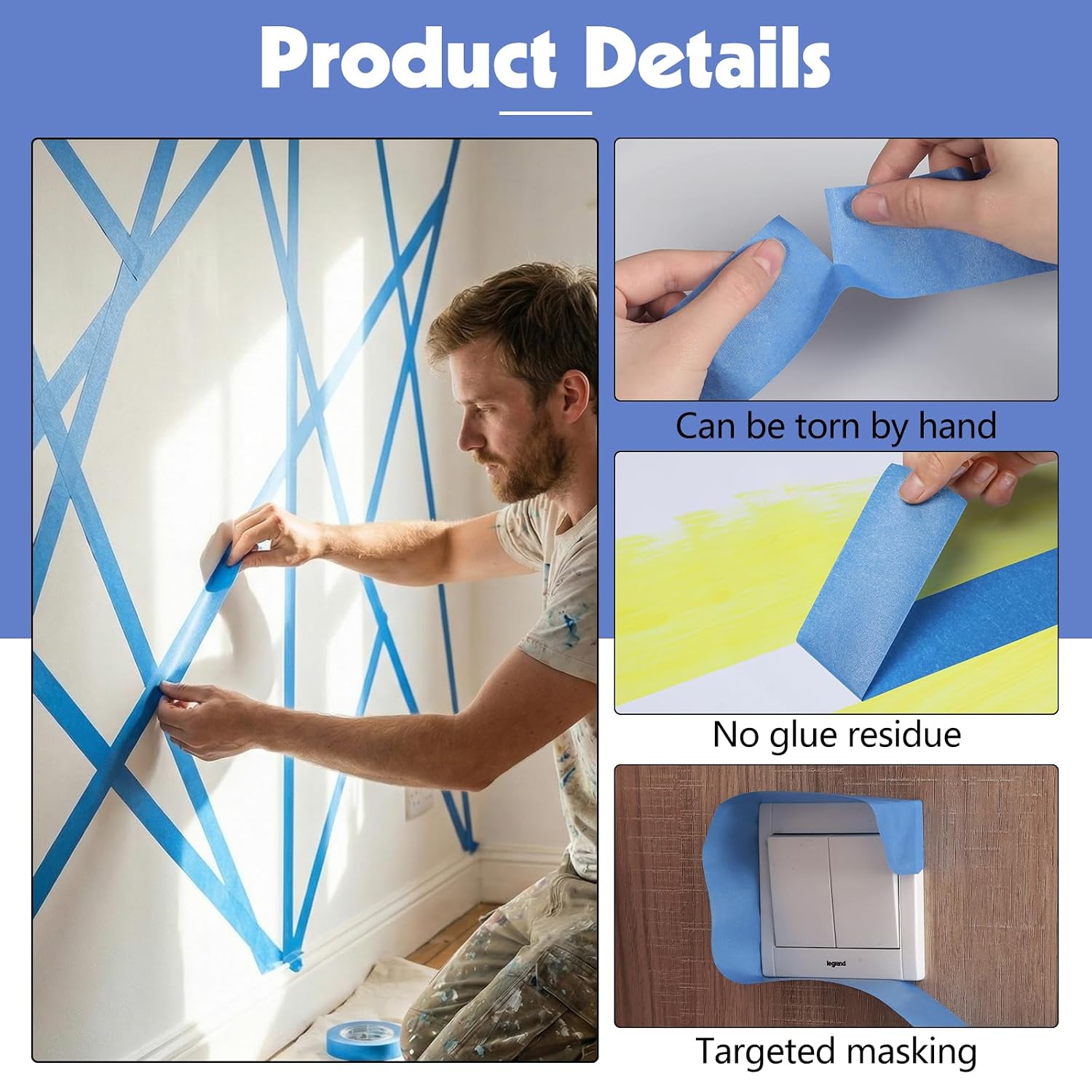 Detalle de Fyguard 4 Rolls Blue Painters Tape (24mm x 50m) – crepe paper masking tape with no residue