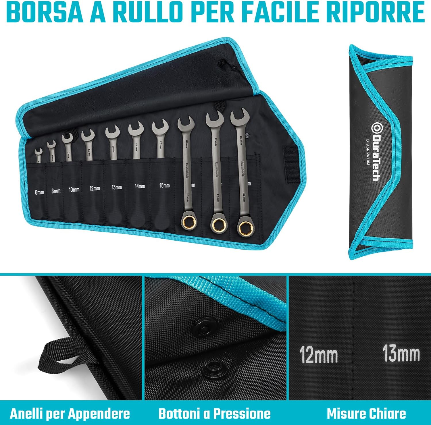 Detalle 2 de DURATECH set di chiavi combinate a cricchetto antiscivolo 10 pezzi 6-18 mm (72 denti) in CR-V con custodia