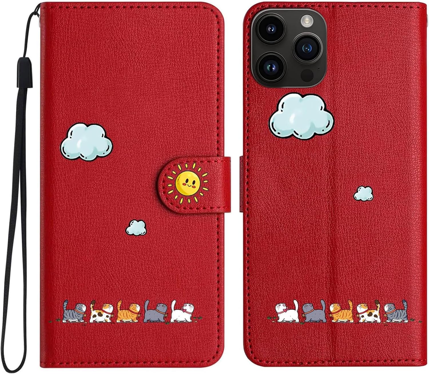 Detalle de Generische Katzenmuster Geldbörse Handyhülle für iPhone 15 Pro Max – PU+TPU Leder, Magnetverschluss, Karten- und Geldfach, Standfunktion, Rot