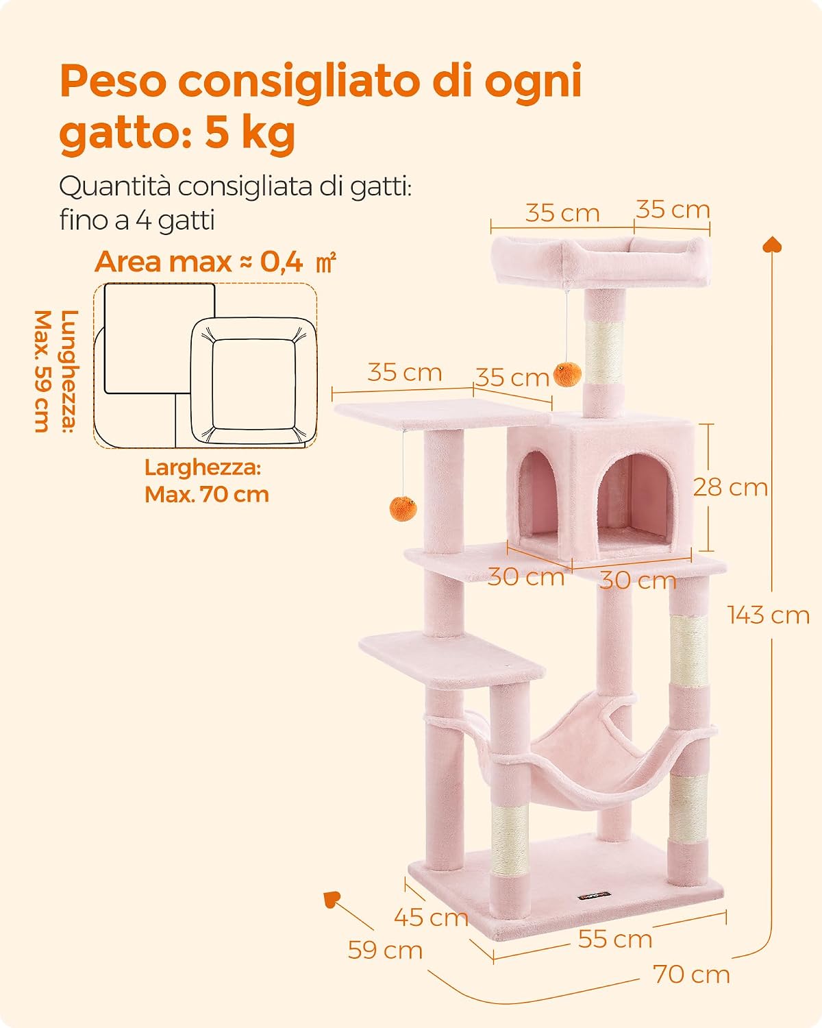 Thumbnail 6 de Feandrea Albero per Gatti Alto 143 cm, tiragraffi multifunzione in peluche rosa pastello