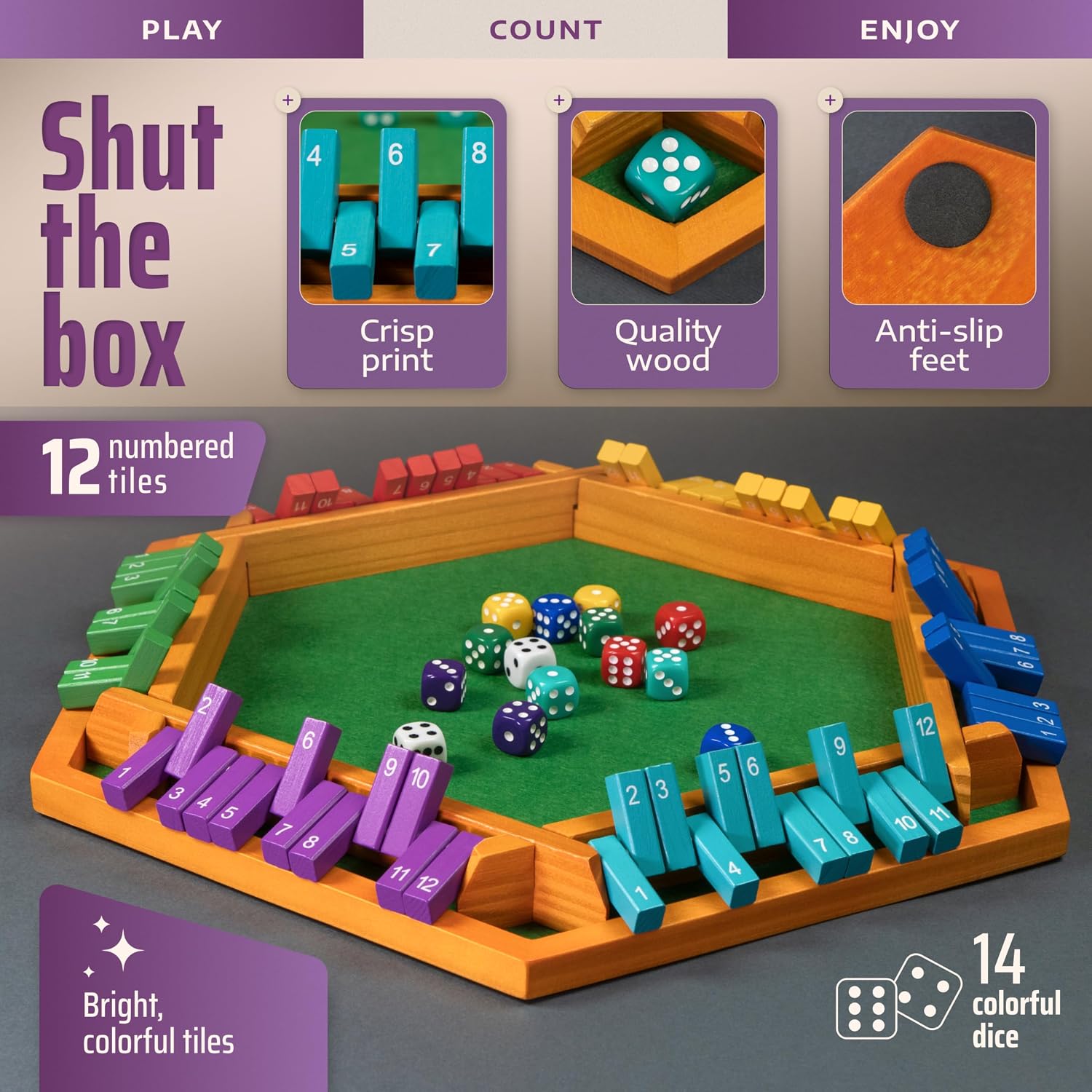Detalle de Queensell Color Shut the Box Game Wooden Board (16-Inch) for 1–6 Players