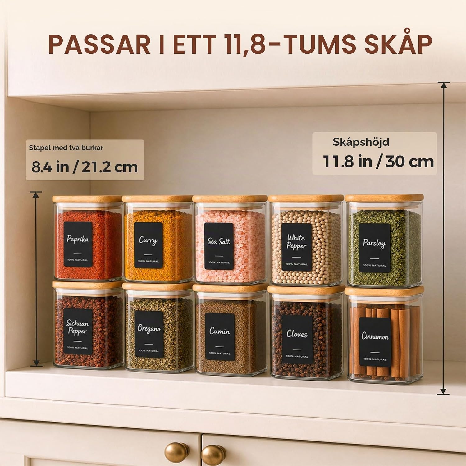 Detalle de ComSaf kryddburkar 240 ml, 6-pack – rektangulära glasburkar med bambulock