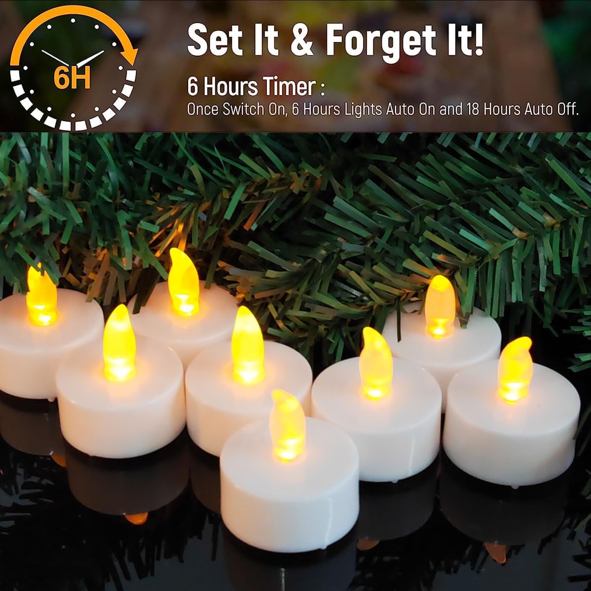 Detalle de 12 Pack Flickering Battery-Operated Flameless LED Tea Lights with Timer (6 Hours On / 18 Hours Off) – Warm Yellow