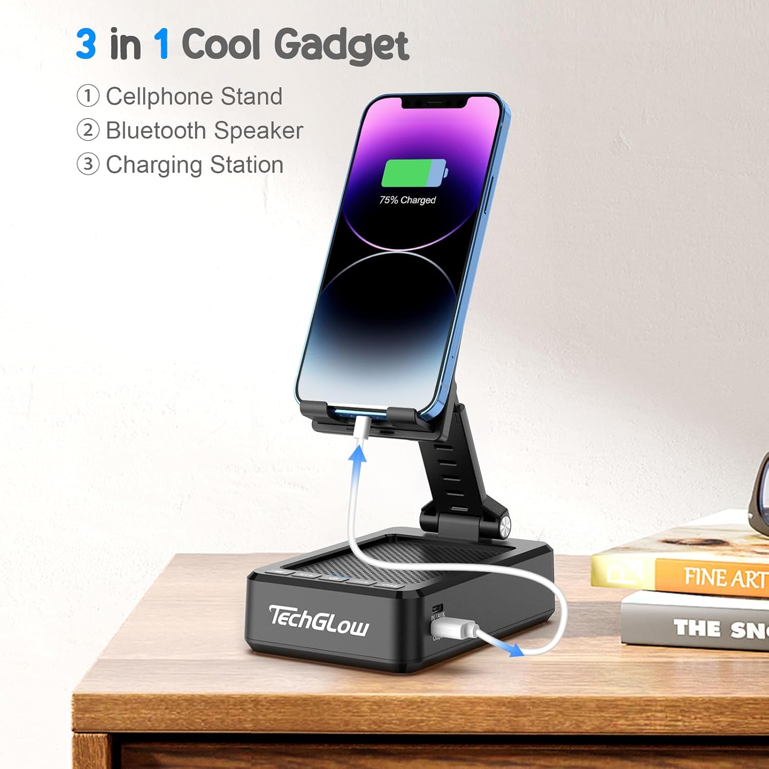Thumbnail 1 de TechGlow Foldable Cellphone Stand with Bluetooth Speaker and Charging Power Bank