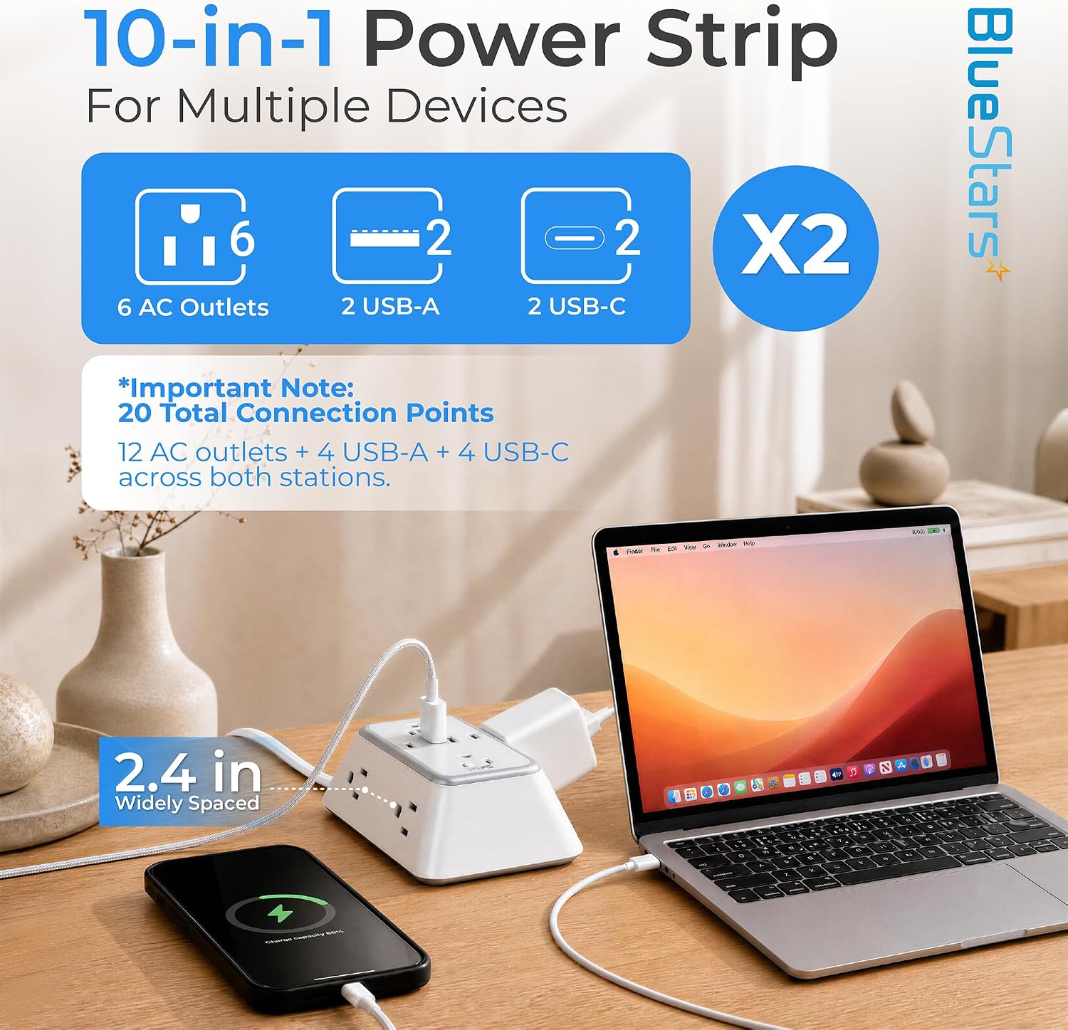 Detalle 2 de BlueStars Twin Extension Cord Splitter, 12-Foot Split Cord, Flat Plug, 1050J Surge Protection