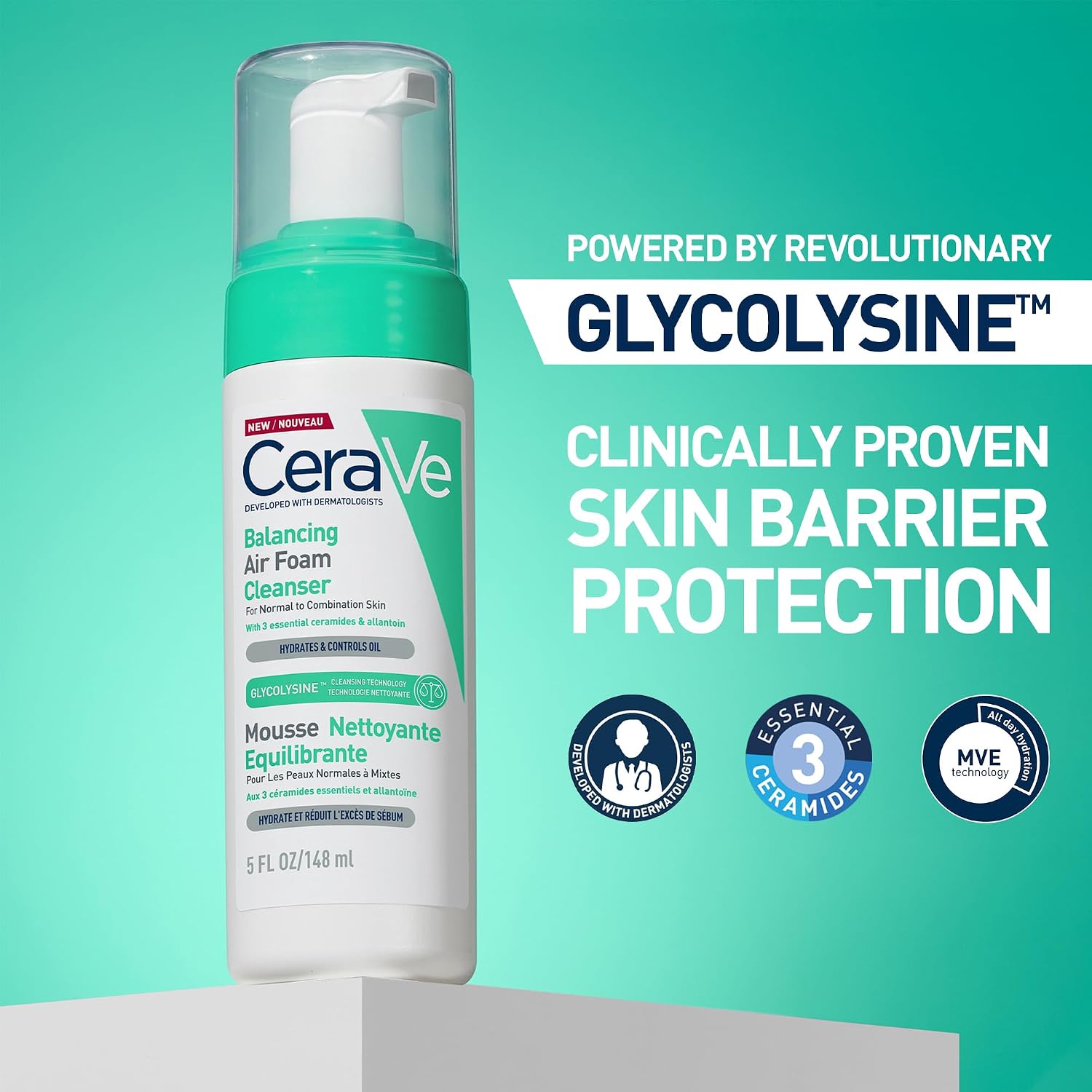 Detalle de CeraVe Balancing Air Foam Cleanser with Glycolysine Cleansing Technology, 148ml