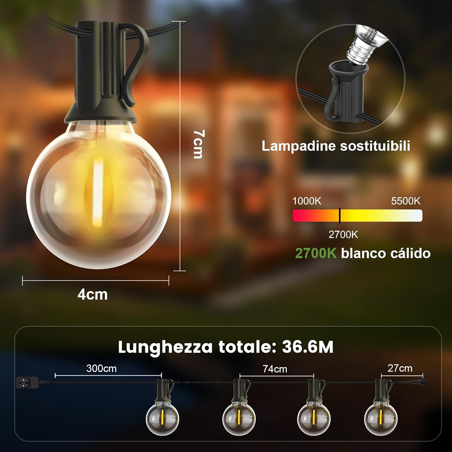 Detalle de Yuusei Catena Luminosa Esterno 36,6 m: 46+2 lampadine G40 infrangibili, 24 V, IP45