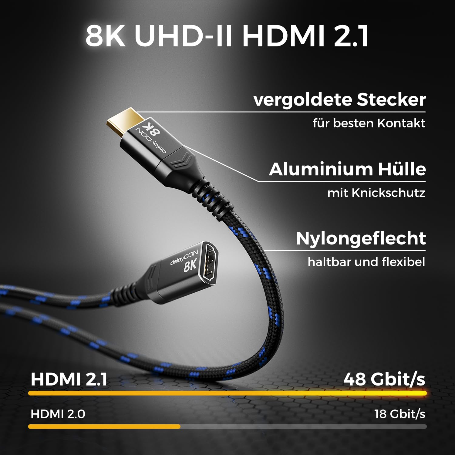 Detalle 2 de deleyCON 2m 8K HDMI 2.1 Verlängerungskabel – Kupplung/Verlängerung für TV, Monitor, PS4/PS5, Xbox, eARC HDR10+ 48 Gbps