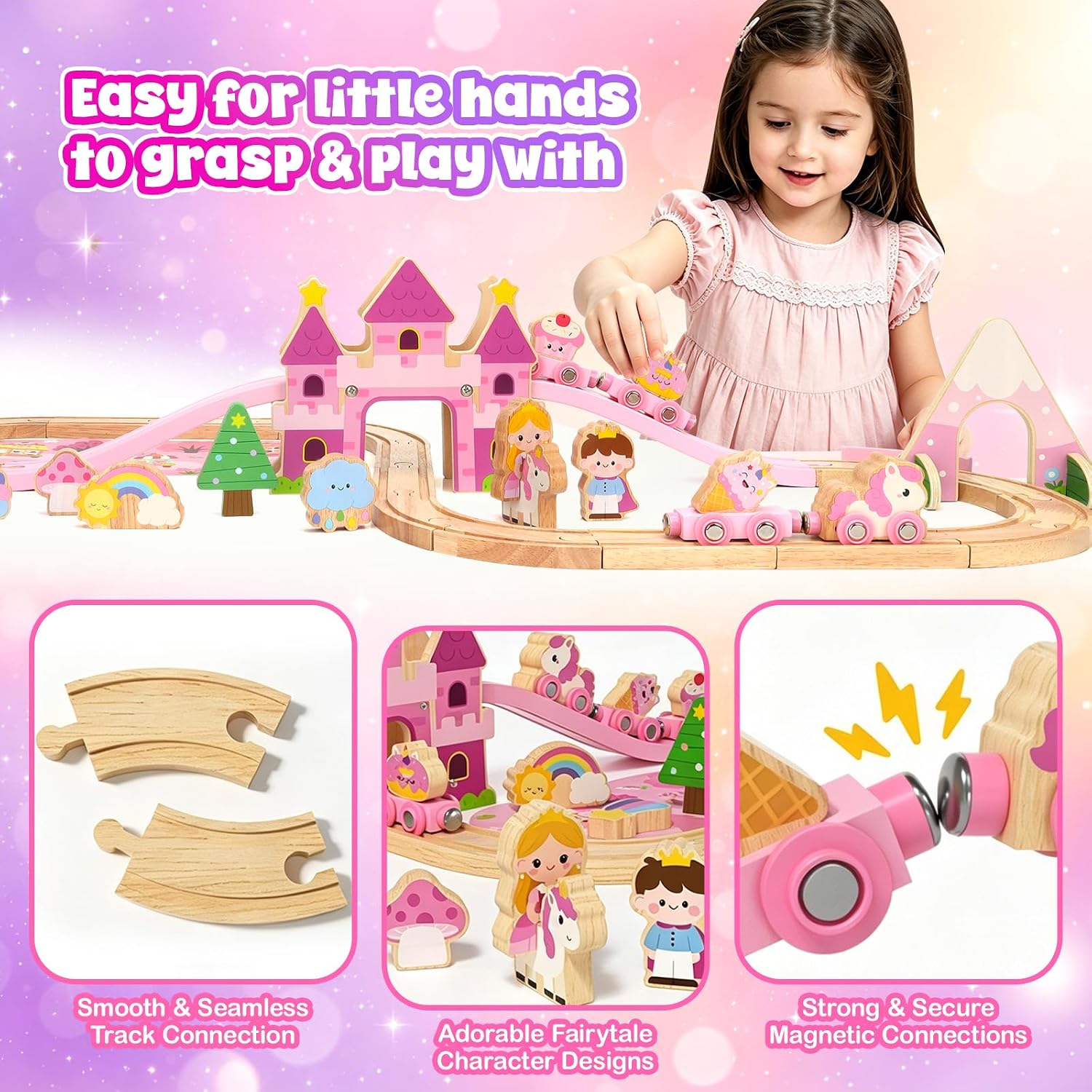 Detalle de Brialice Toddler Toys 40-Piece Wooden Train Set with Castle and Play Mat