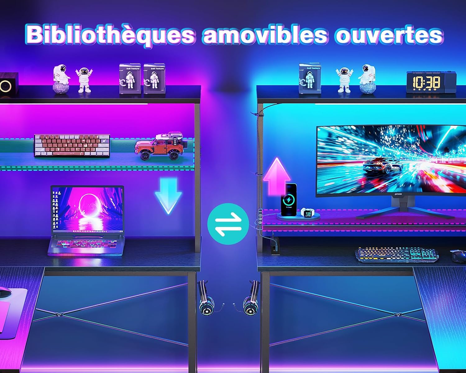Thumbnail 4 de Coleshome Bureau Gaming Angle 135Ă—100 cm avec LED et prises đź–Ą