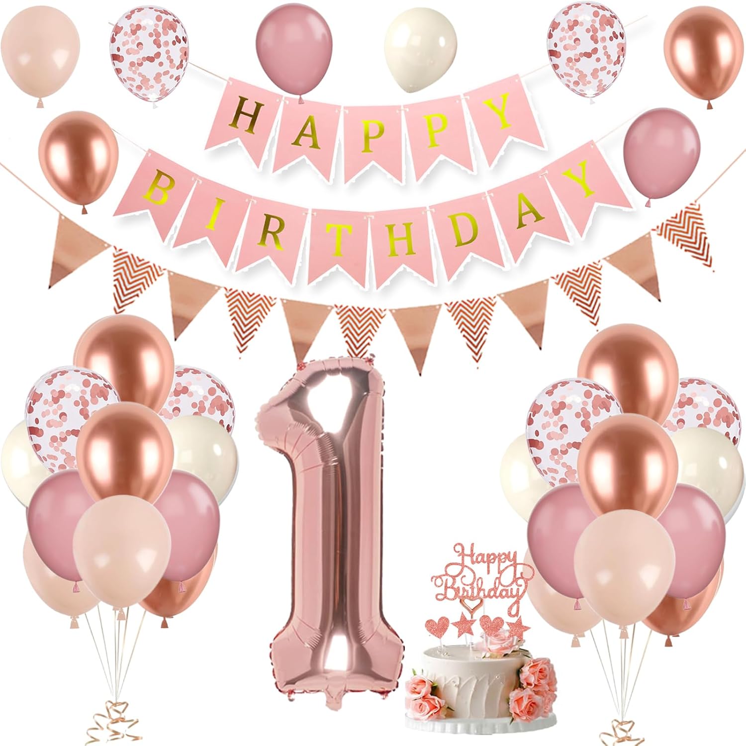 Detalle de 1. Geburtstag Deko-Set Roségold (Zahl 1 Luftballon) von VUCDXOP – Party-Deko für Mädchen zum 1. Jahr