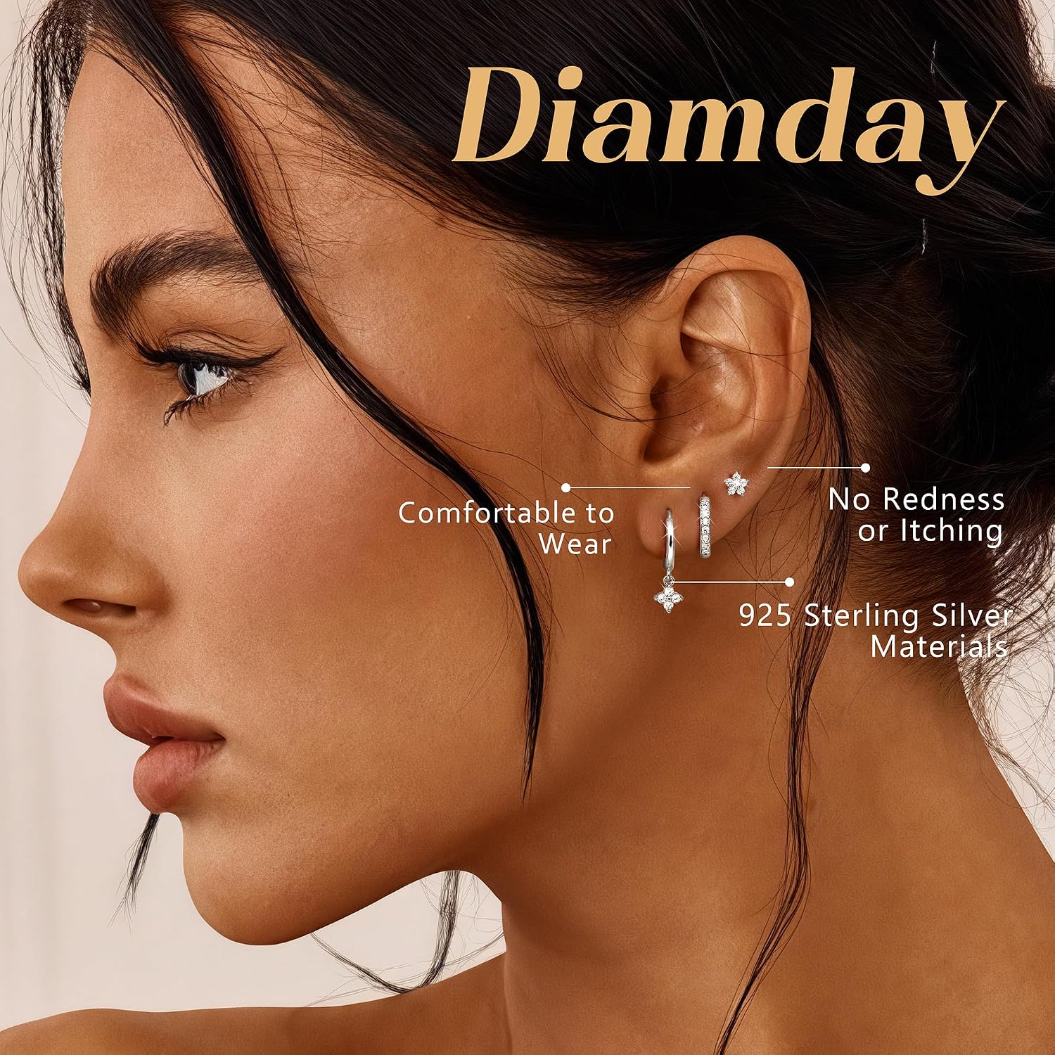 Detalle de Diamday 3 Pairs Sterling Silver Earrings for Women – Stud and Hoop Set