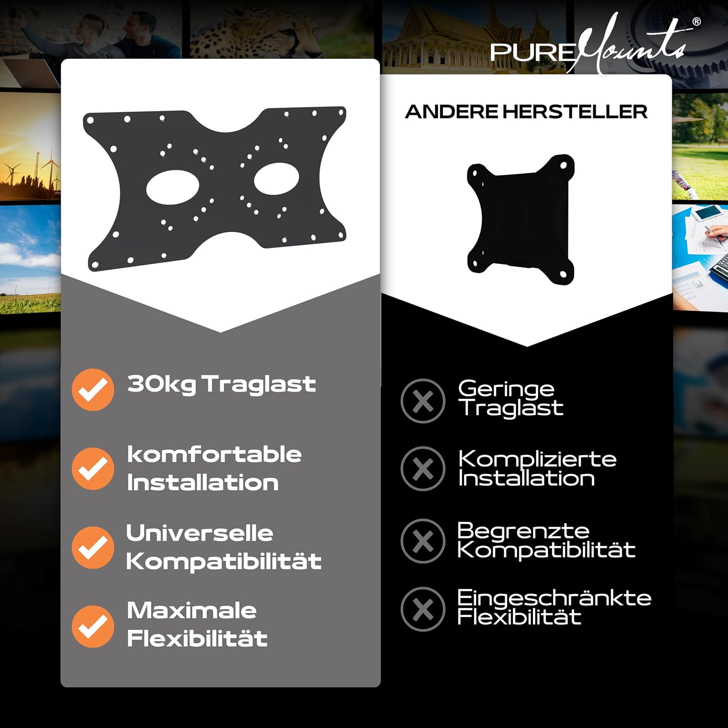 Detalle de PureMounts Adaptateur Vesa — Plaque d’adaptation universelle 50x50 à 400x200 mm (Noir)