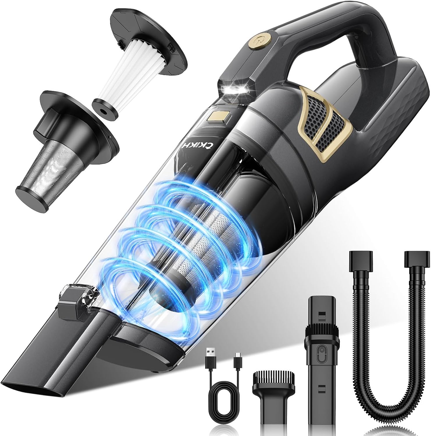 Detalle de CKIKH Cordless Handheld Vacuum, 15,000 Pa Suction, HEPA Filter and LED Light