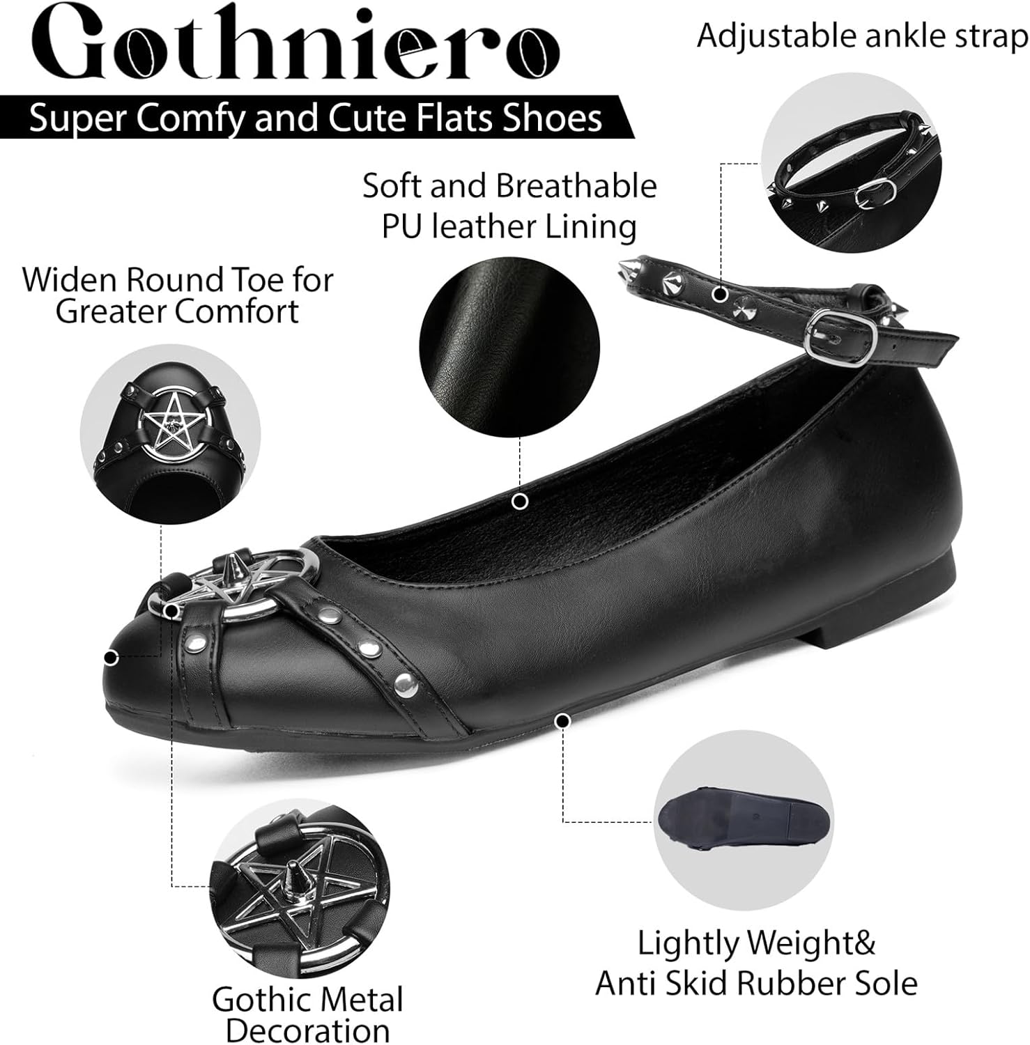 Thumbnail 3 de Gothniero Women’s Black Ballet Flats with Studs and Removable Ankle Strap