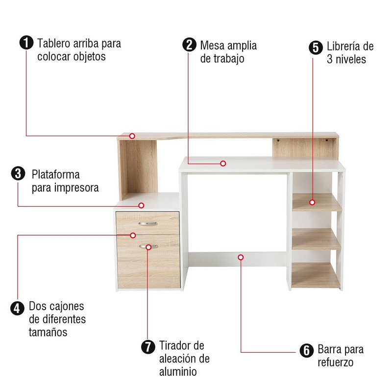 Detalle de Homcom Mesa de Oficina 140x55x92 cm Blanco/Roble