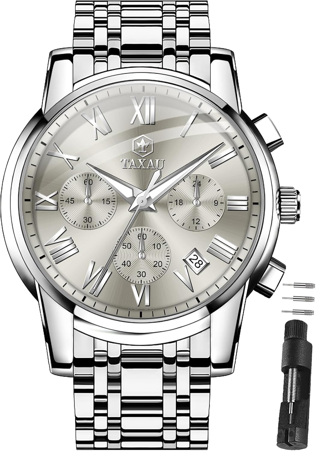 Detalle de Taxau Multifunktions-Chronograph für Herren aus Edelstahl mit römischem Zifferblatt