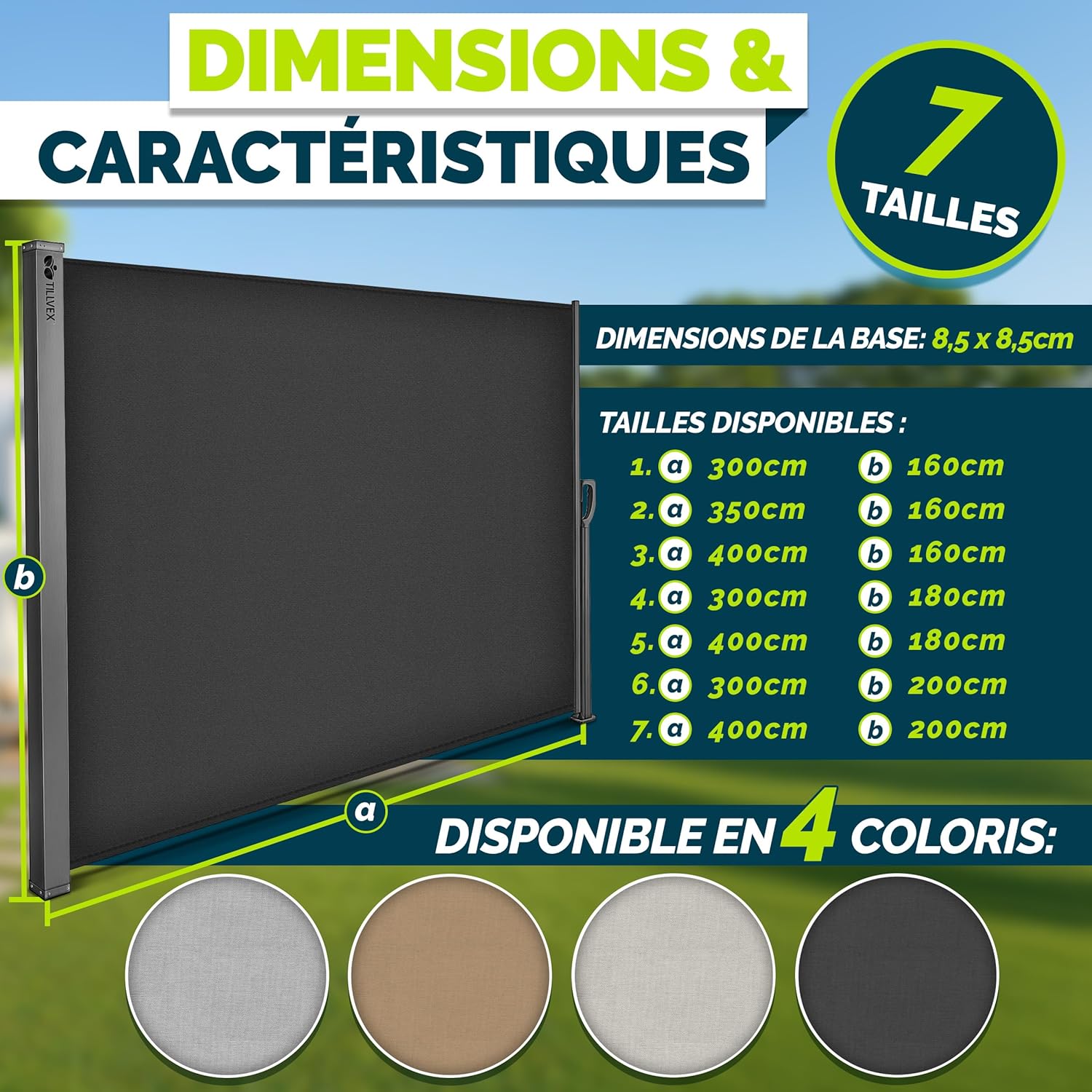 Thumbnail 6 de tillvex Store latéral 160 x 300 cm extensible et opaque avec housse de protection – brise-vue pour balcon, jardin et terrasse