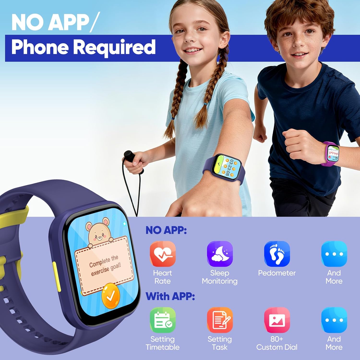 Thumbnail 2 de HTTWCOD Kids Smart Watch for Boys & Girls (Blue) – HD touchscreen fitness tracker with heart rate, sleep monitoring & IP68 waterproof