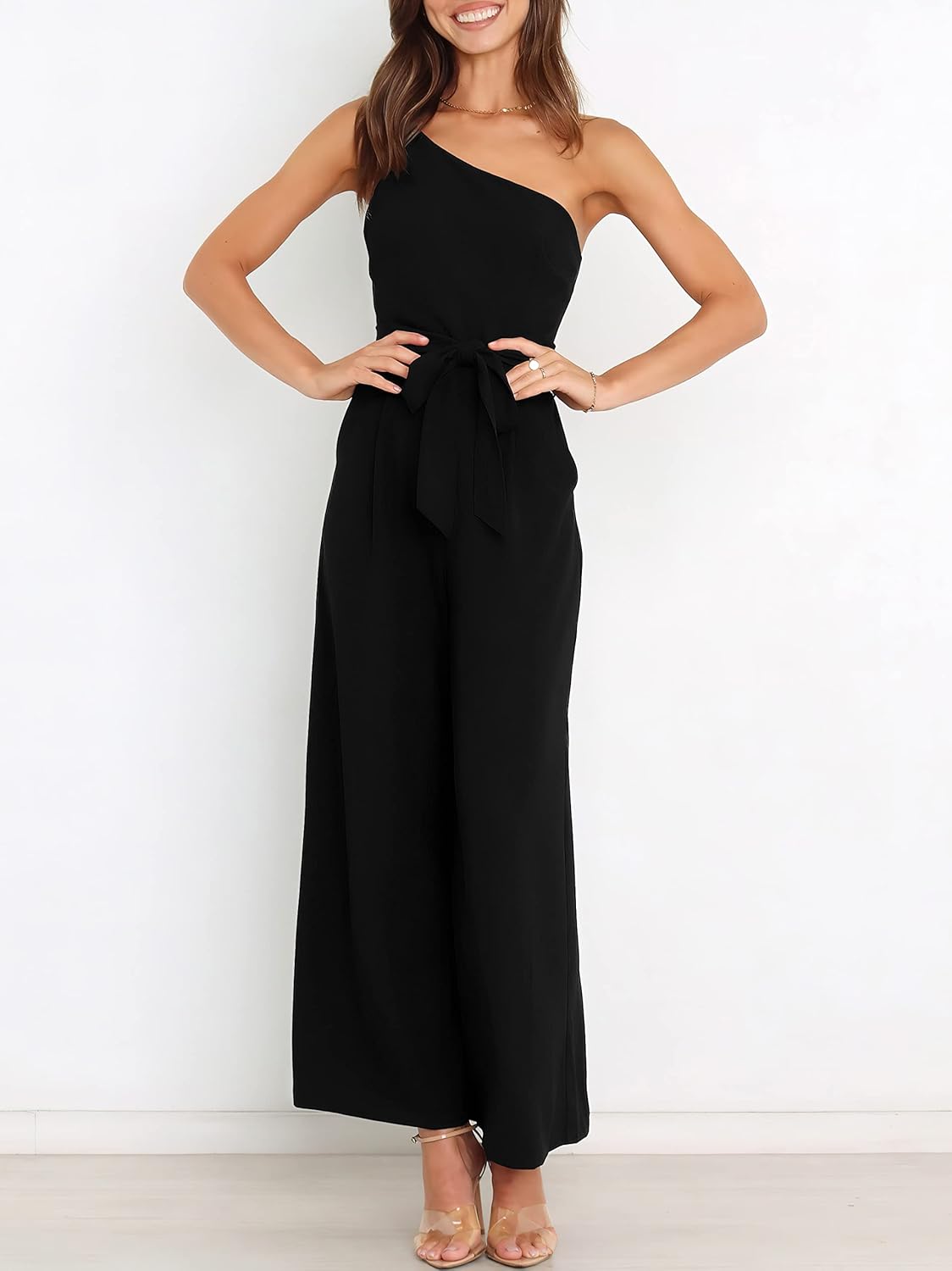 Thumbnail 3 de ANRABESS Women Summer Dressy Jumpsuits: One-Shoulder Sleeveless Wide-Leg Romper