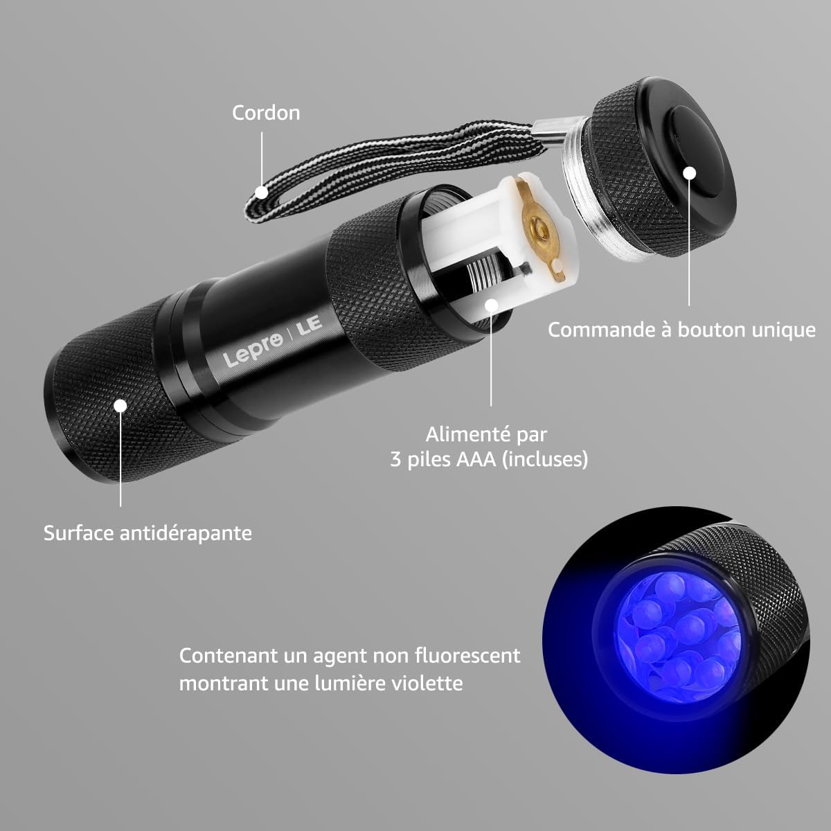 Thumbnail 6 de Lighting EVER Lepro Lampe UV 395 nm – Lampe torche noire 6 piles AAA incluses (Lot de 2)