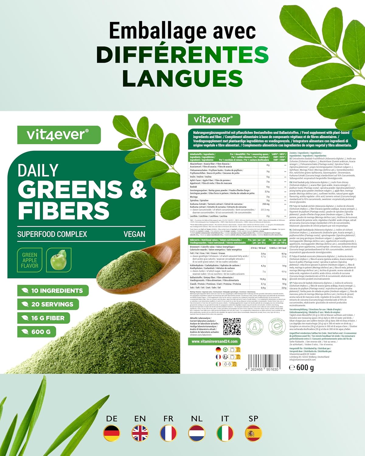 Detalle de Vit4ever Daily Greens & Fiber Poudre (600 g) – combinaison fibres & superfoods au goût pomme verte