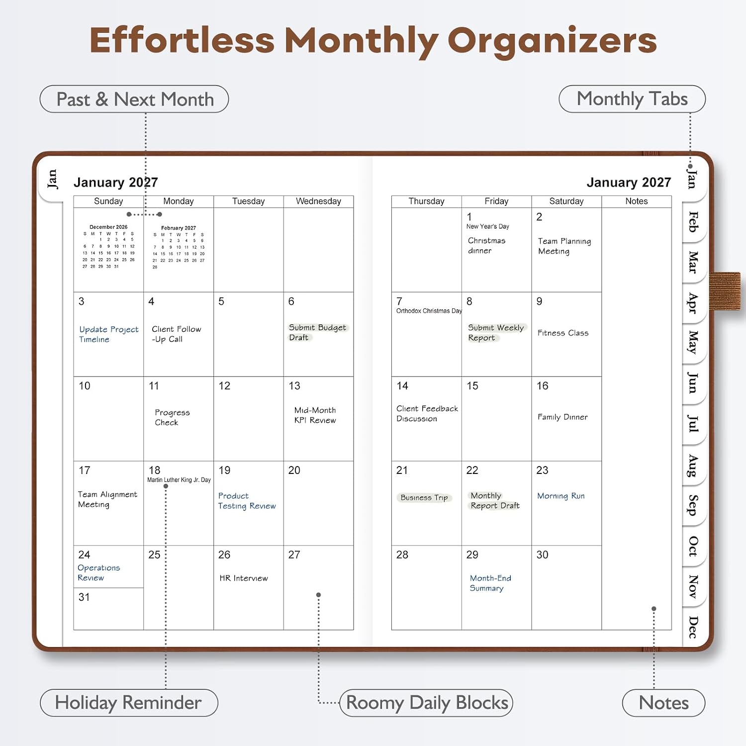 Detalle de OMEYA 2027 A5 Weekly and Monthly Planner, Brown Faux-Leather Hardcover