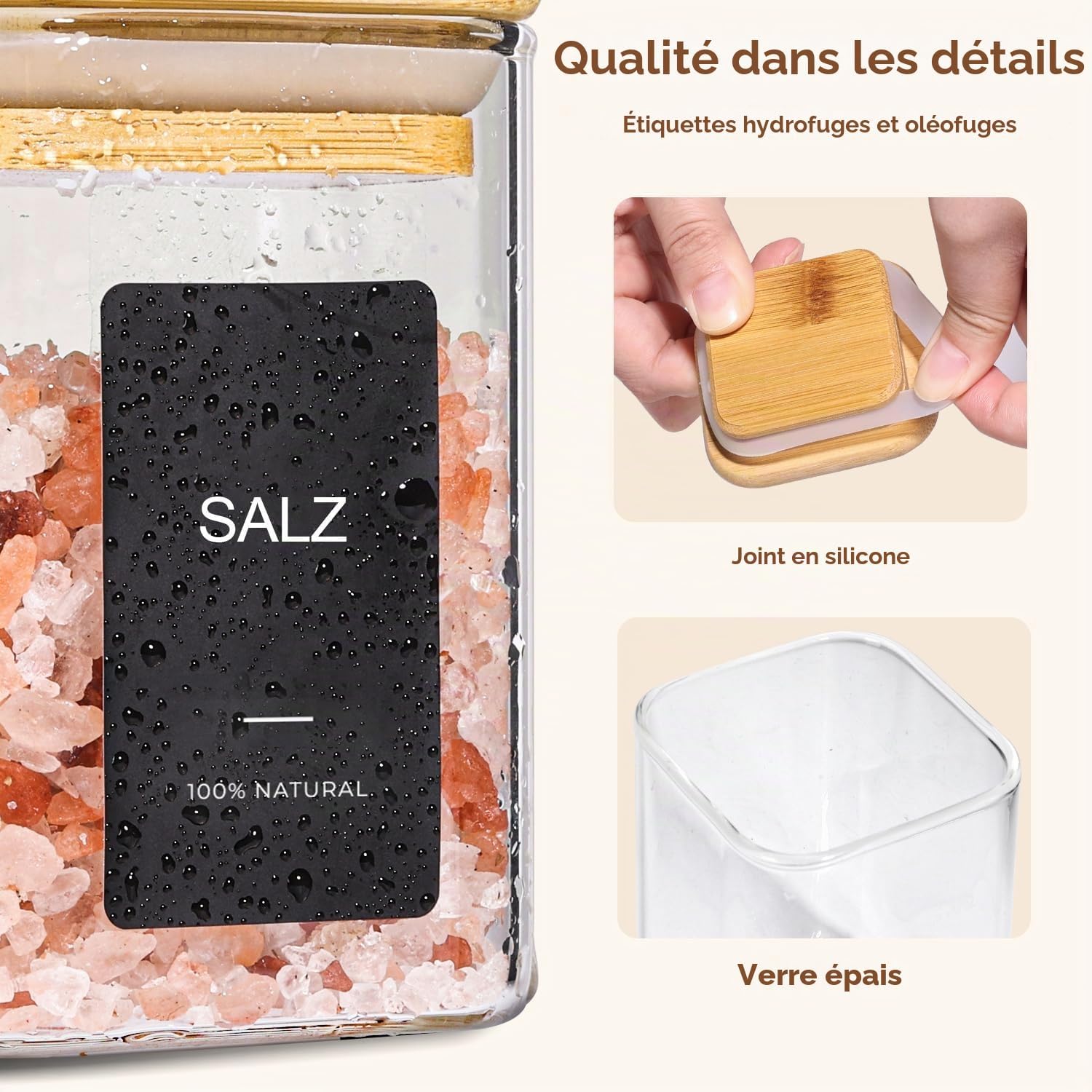 Detalle 2 de ComSaf Square/4oz/16pcs glazen kruidenpotjes, 120 ml, bamboedeksel