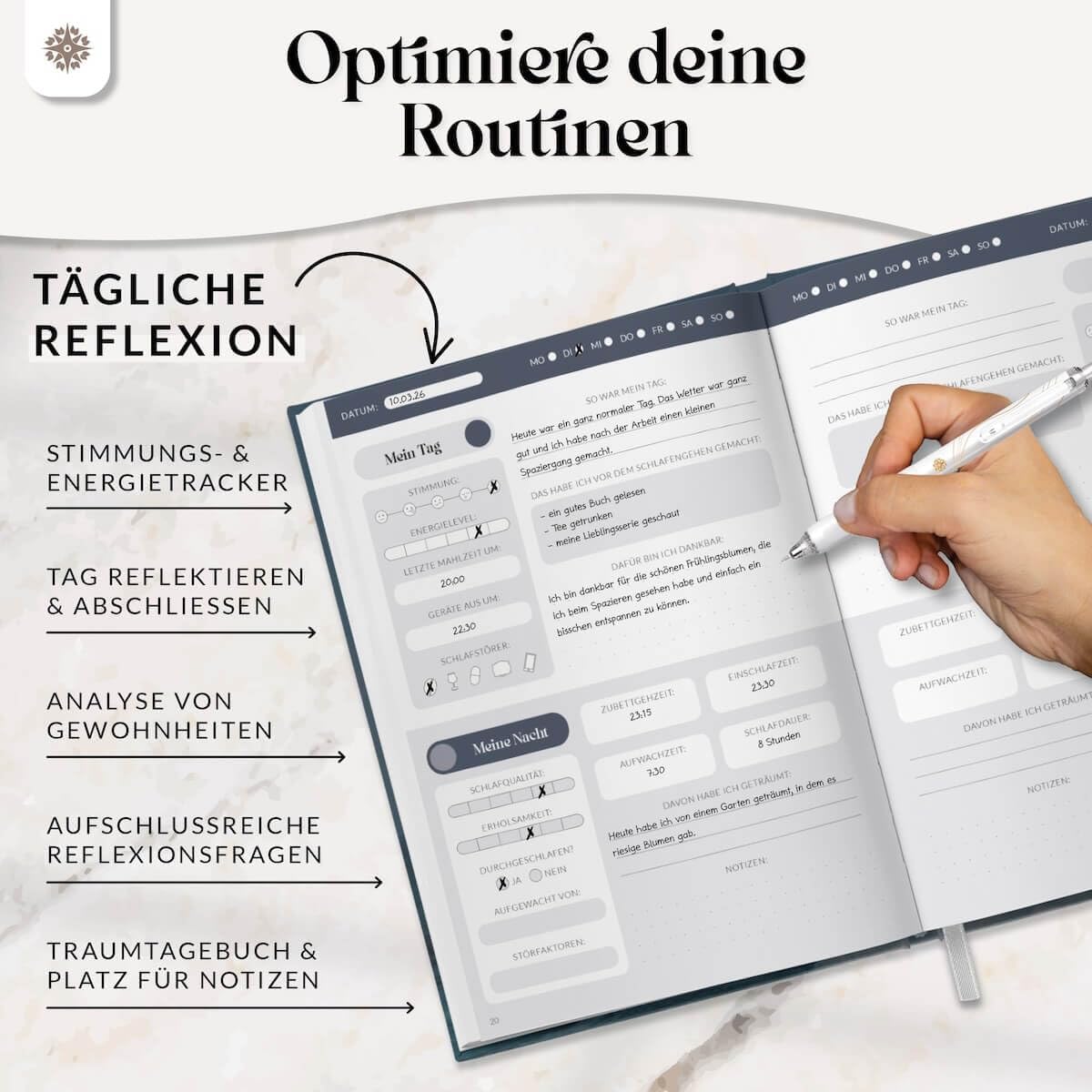 Detalle 1 de LEBENSKOMPASS® Schlaftagebuch Doze – un-datiertes 12-Wochen-Journal (DIN A5, Hardcover, Goldveredelung, 120 Seiten)