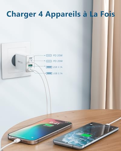 Thumbnail 1 de LumFocus Chargeur USB-C 40W à 4 ports – PD/QC 3.1A, Multi-prise rapide