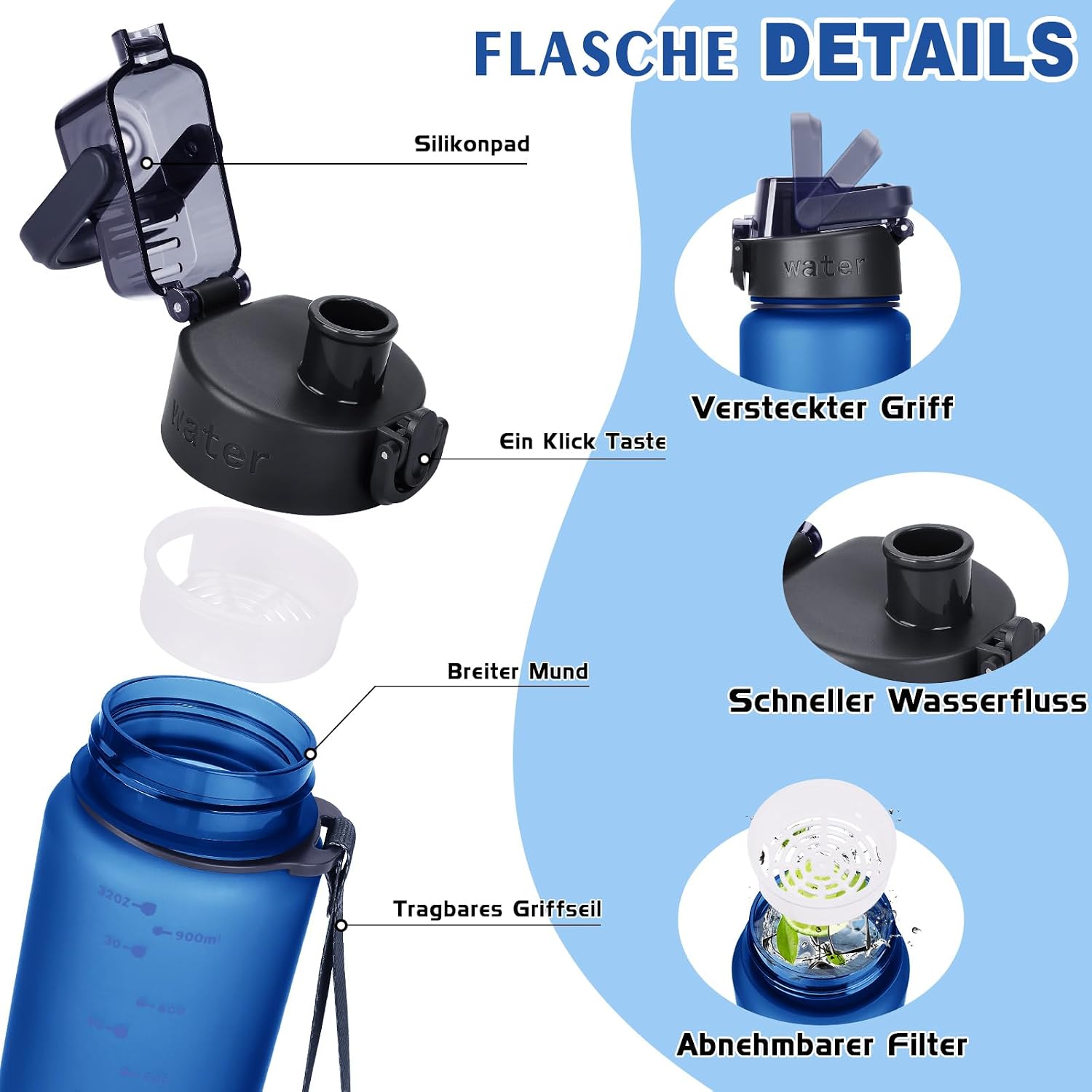 Detalle de AOPREL Trinkflasche 1 l aus Tritan, auslaufsicher, mit Filter und Bürste (BPA-frei)
