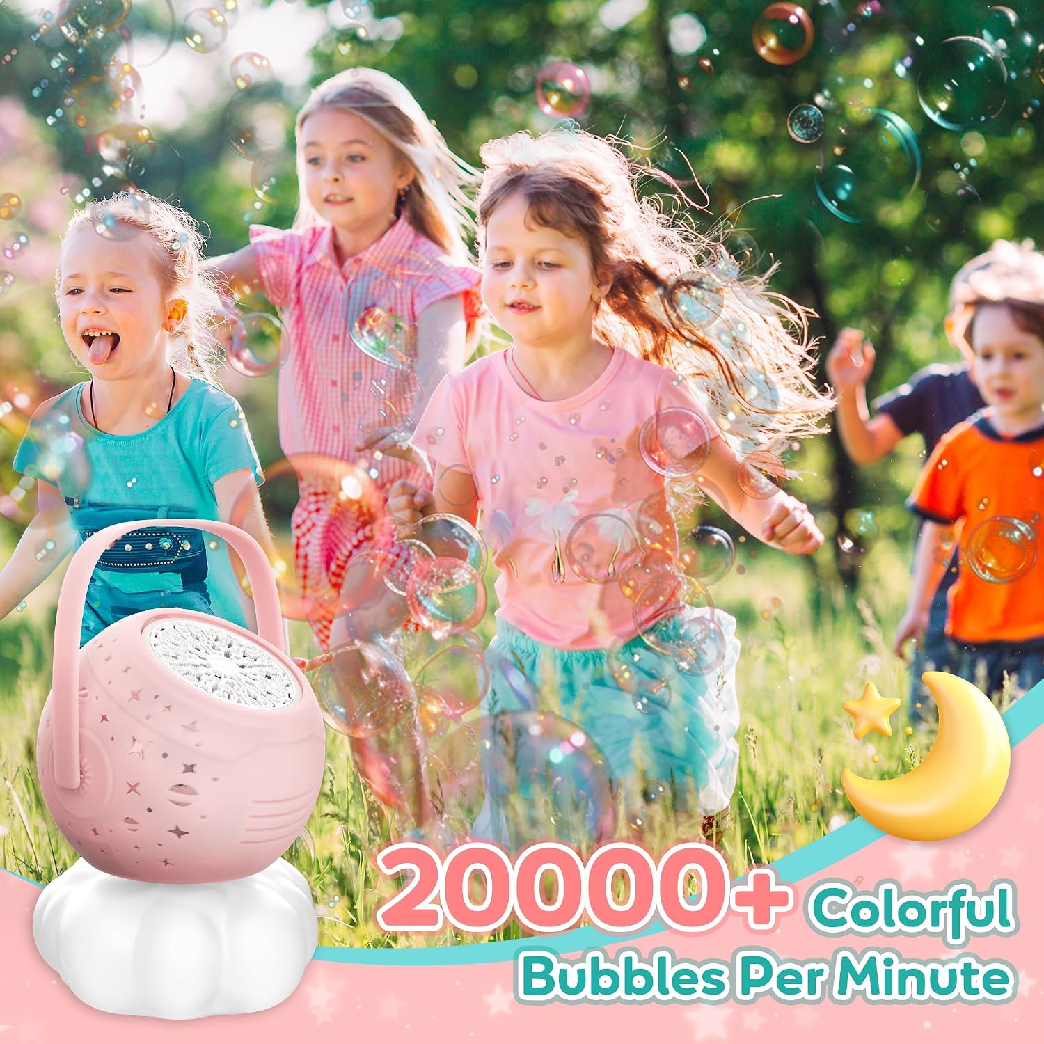 Detalle 2 de cossy Bubble Machine Rechargeable (Pink) – portable bubble blower for kids with warm star lights