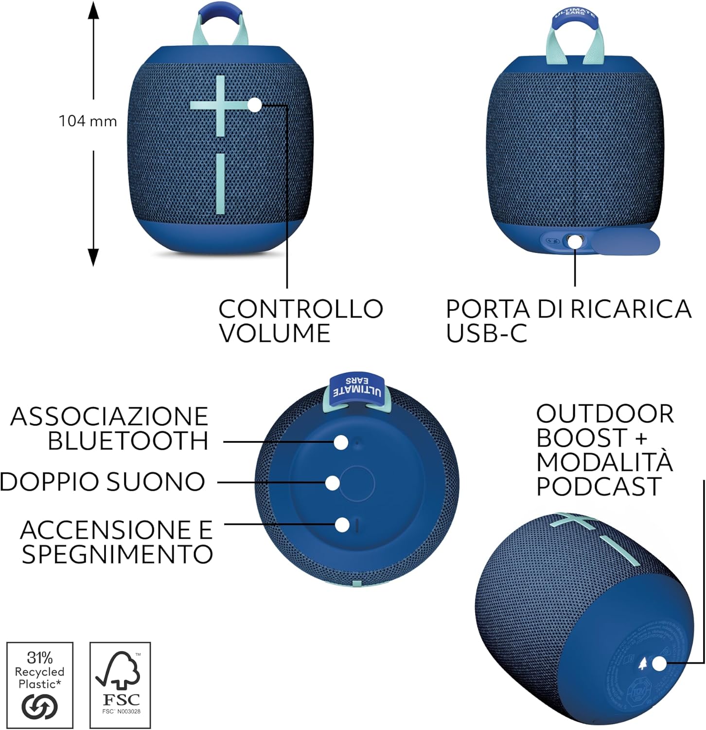 Thumbnail 4 de Ultimate Ears WONDERBOOM 4 altoparlante Bluetooth portatile impermeabile con suono a 360° e bassi potenti (Blue)